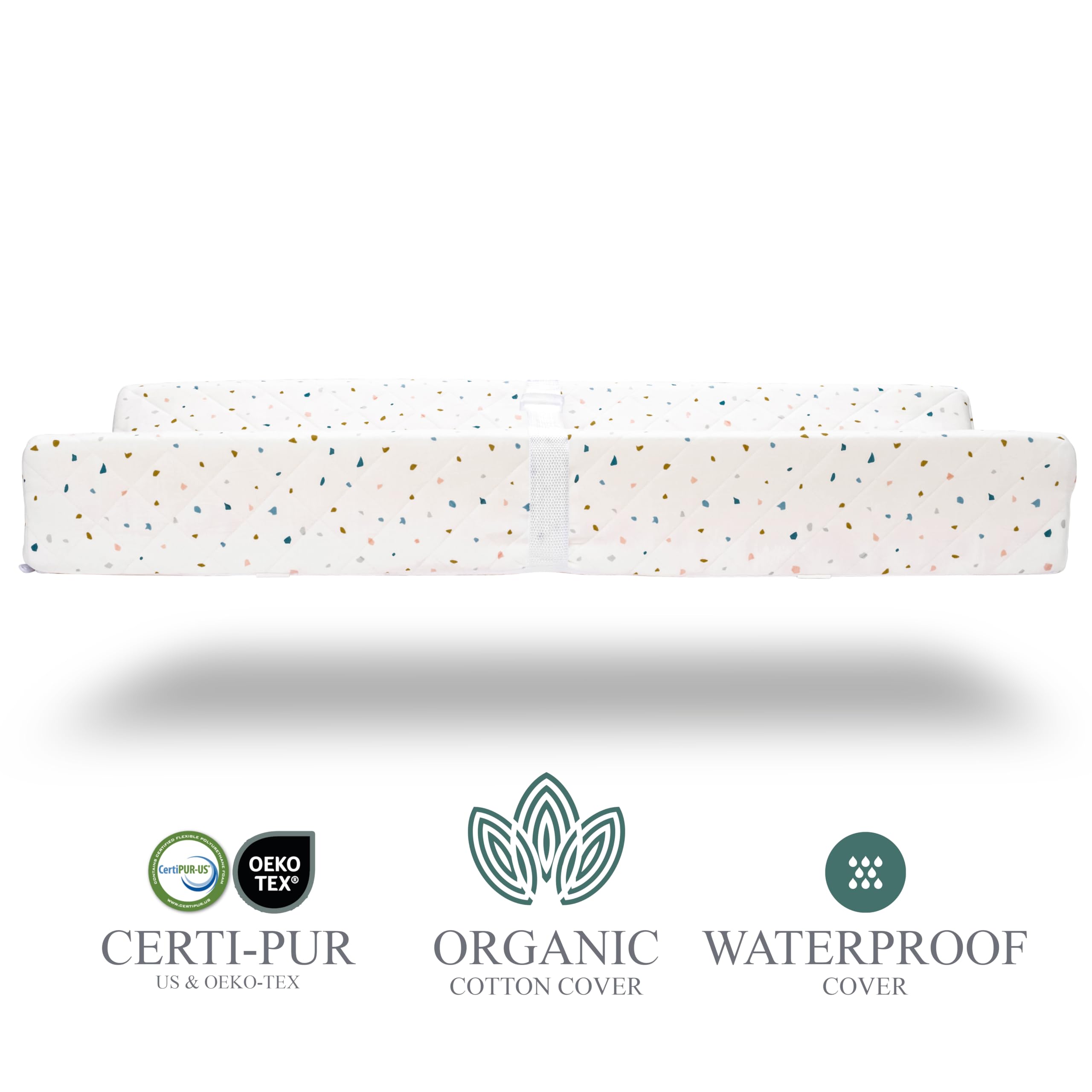 Cambiador contorneado de algodón orgánico con colchón de espuma impermeable, con lunares, funda suave, extraíble y lavable, correa de seguridad, cubrecolchón para mesa de pañales y cómoda de tamaño