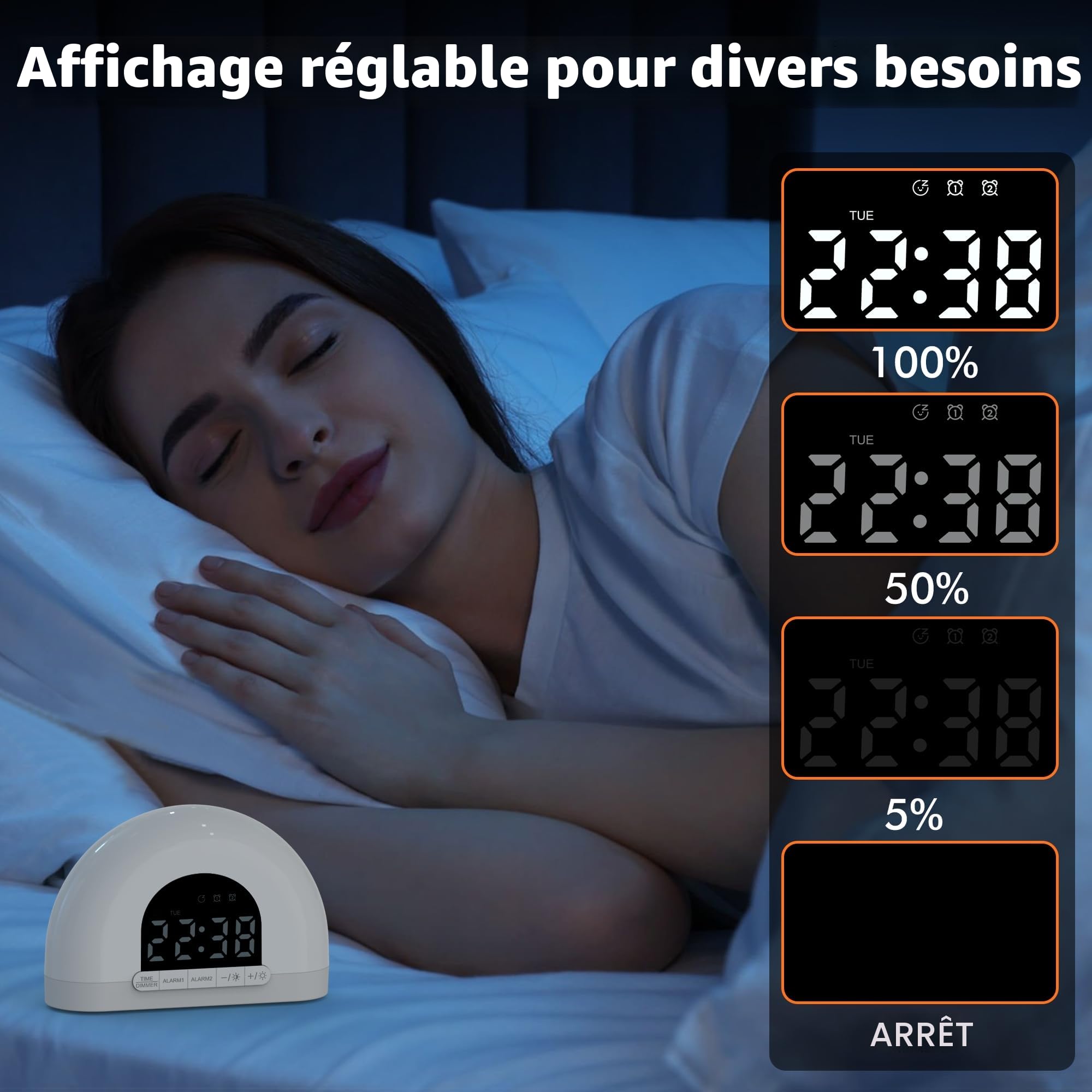 Réveil lumineux avec Simulation du Lever du Soleil, Lampe de Réveil avec Double Alarme, Veilleuse, Répétition, 7 Sons d'Alarme, Modes 7-5-2 pour Enfants, Adultes, Gros Dormeurs, Chambre à Coucher