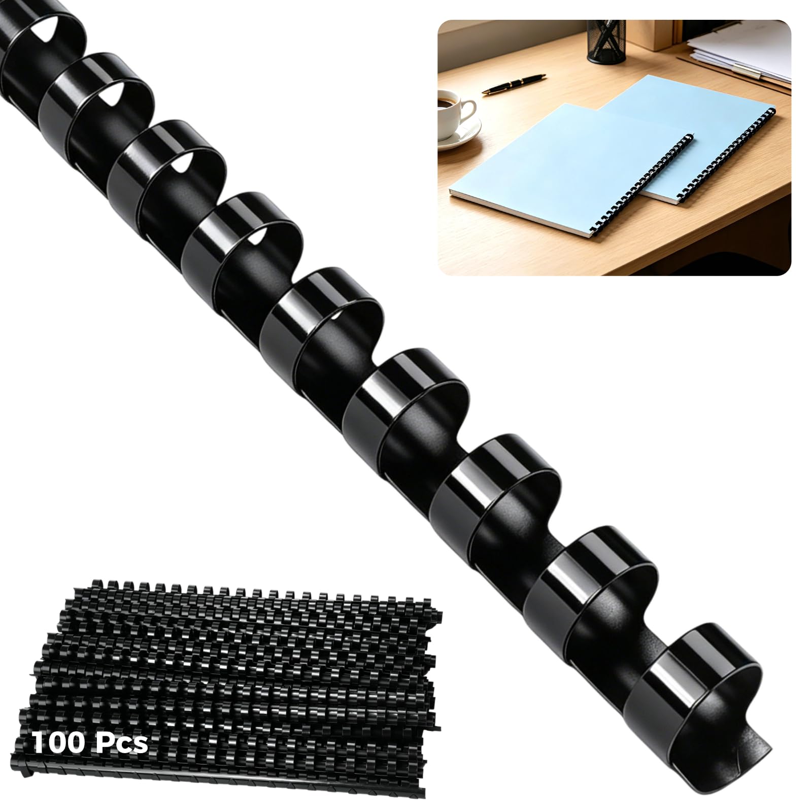 Peignes de reliure en plastique, lot de 100, diamètre de 1/2 pouce, dos à 21 anneaux, capacité de 80 feuilles pour documents A4, rapports, manuels, albums photo, noir