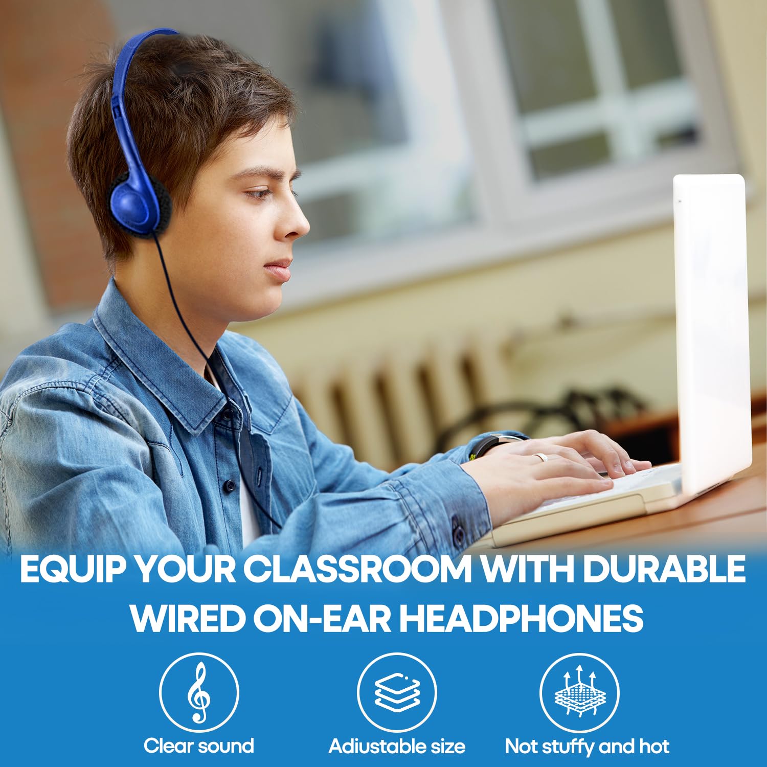 CN-Outlet Paquete de 10 auriculares de aula para escuela, bibliotecas, estudiantes, adultos, en bolsas individuales, desechables al por mayor (negro) (azul oscuro, paquete de 25)