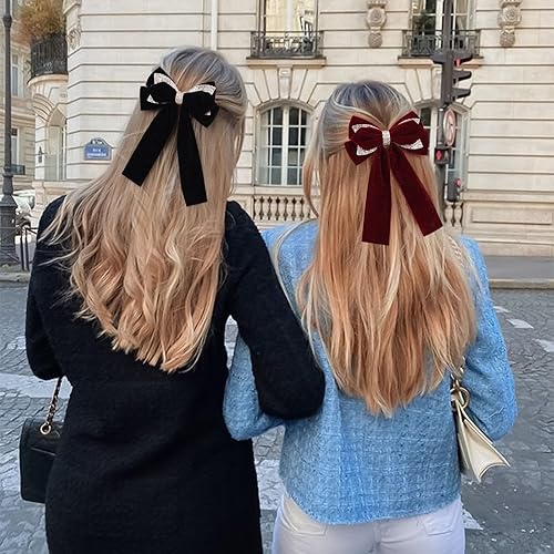 Miniatura 2 de 8 lazos de terciopelo en capas para el cabello para mujeres y niñas, pinzas para el cabello de 5 pulgadas, lazos largos negros con purpurina,