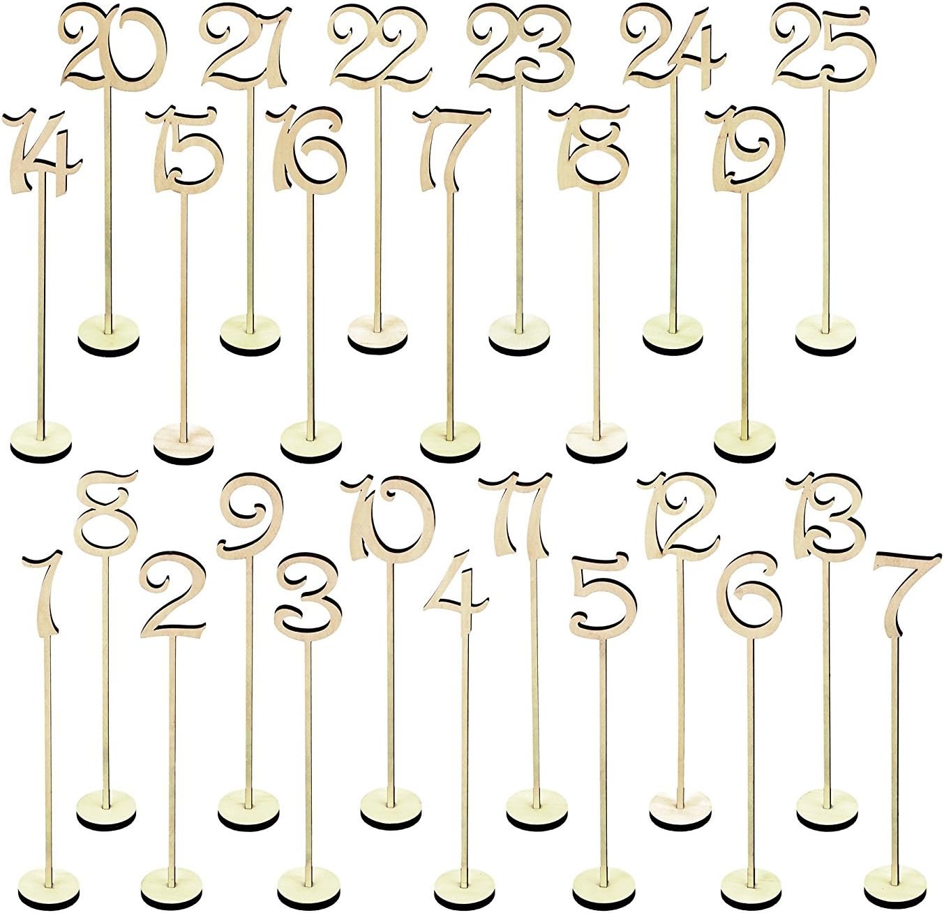 Table Numbers 1-25 Set - Vintage Thick Natural Wood Stands for Wedding Decoration Birthday Home Party Banquet Catering Décor Anniversary Event Reception - Unique Creative Sign Idea with Base Holder