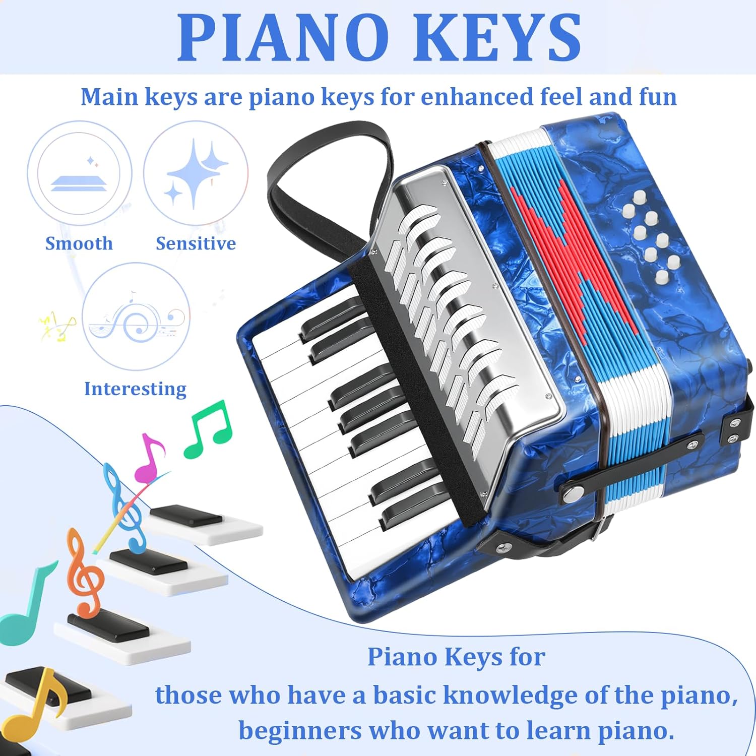 Lotkey 17 Key Piano Accordion, 8 Bass Kids Accordion, Celluloid Body, Metal Cover Accordions Louder Clearer Timbre Than Plastic, Lightweight Design for Children, Beginners to Practice (Sapphire Blue)