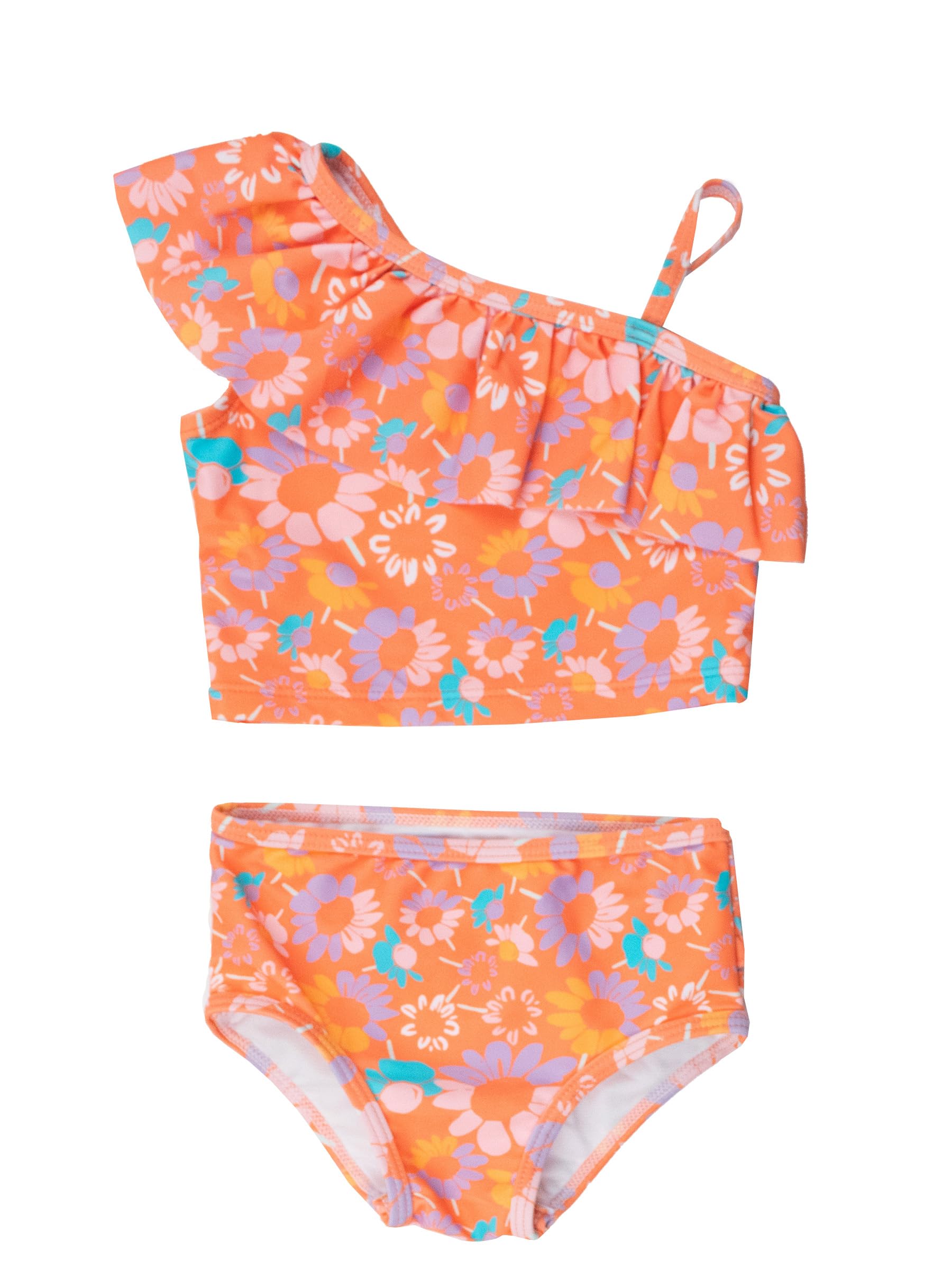 RuffleButts Girls UPF50+ Sun Protection One Shoulder Ruffle Tankini Two Piece Swimsuit - Coral Floral, 6