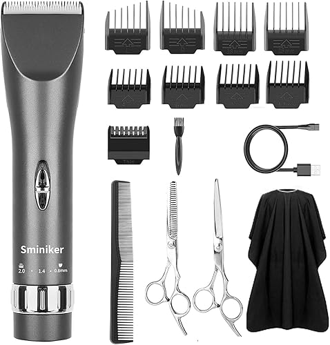 Sminiker Cortadoras de pelo profesionales inalámbricas, kit de corte de pelo recargable con 1 capa de peluquería, 2 tijeras, 9 guías de peine