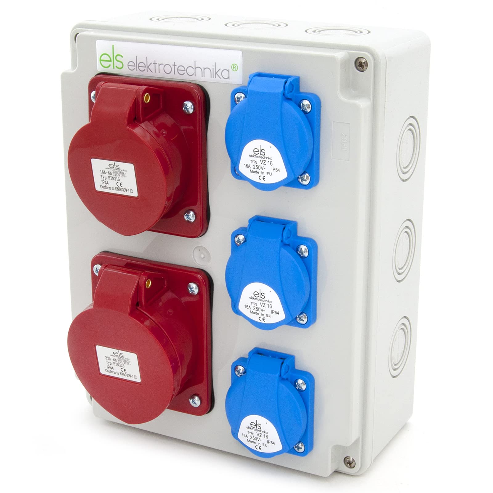 ELS Elektrotechnika Distributore a parete, 3 x 230 V, Schuko & 1 x 32 A/5P & 1 x 16 A/5P distributore di corrente di costruzione, cablato, pronto per il collegamento, per cantieri IP44