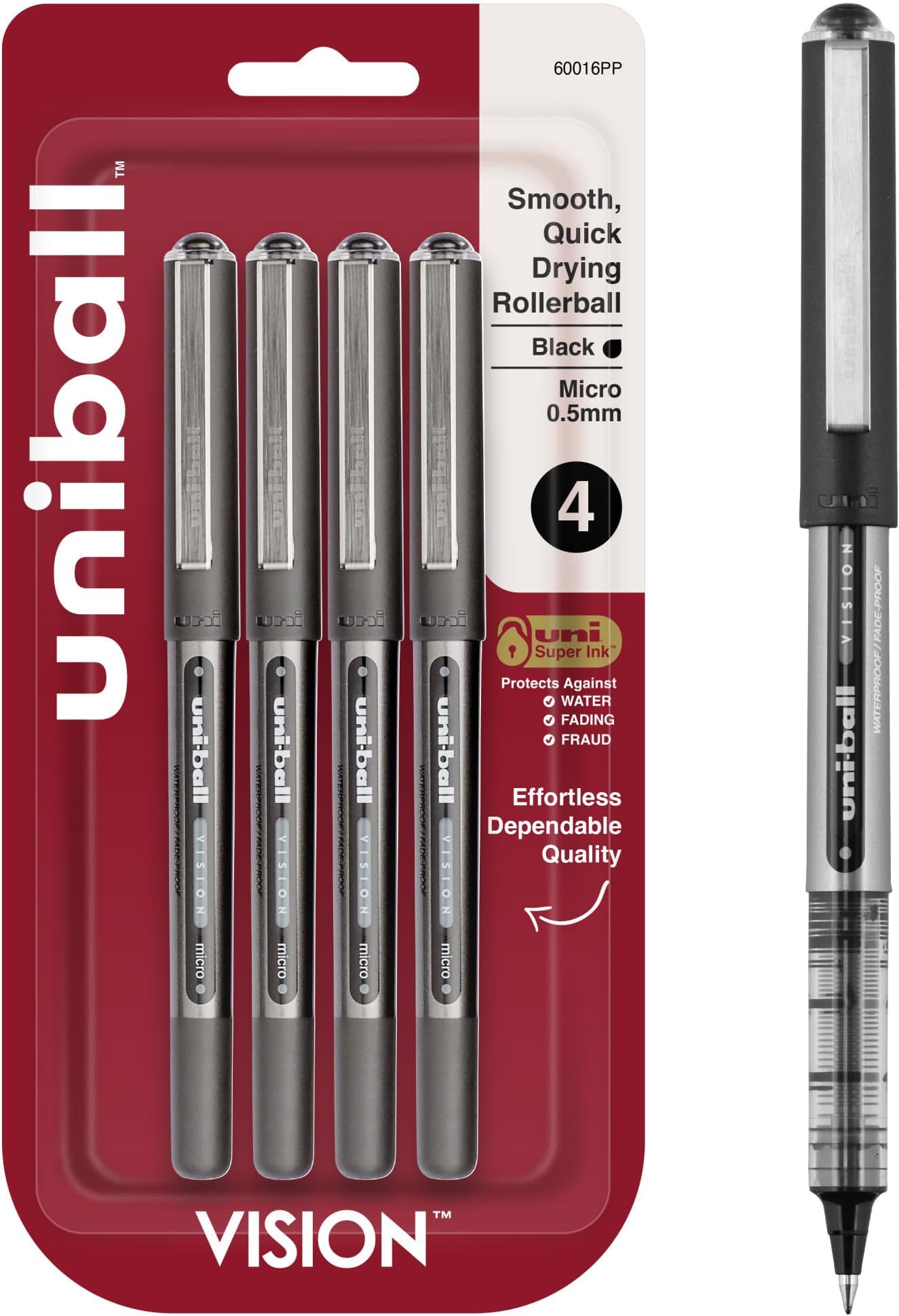 Uni-Ball Vision Rollerball Pens, Black, 4 Pack, 0.5mm Micro Point, Fine Point, Smooth Writing, Office Supplies