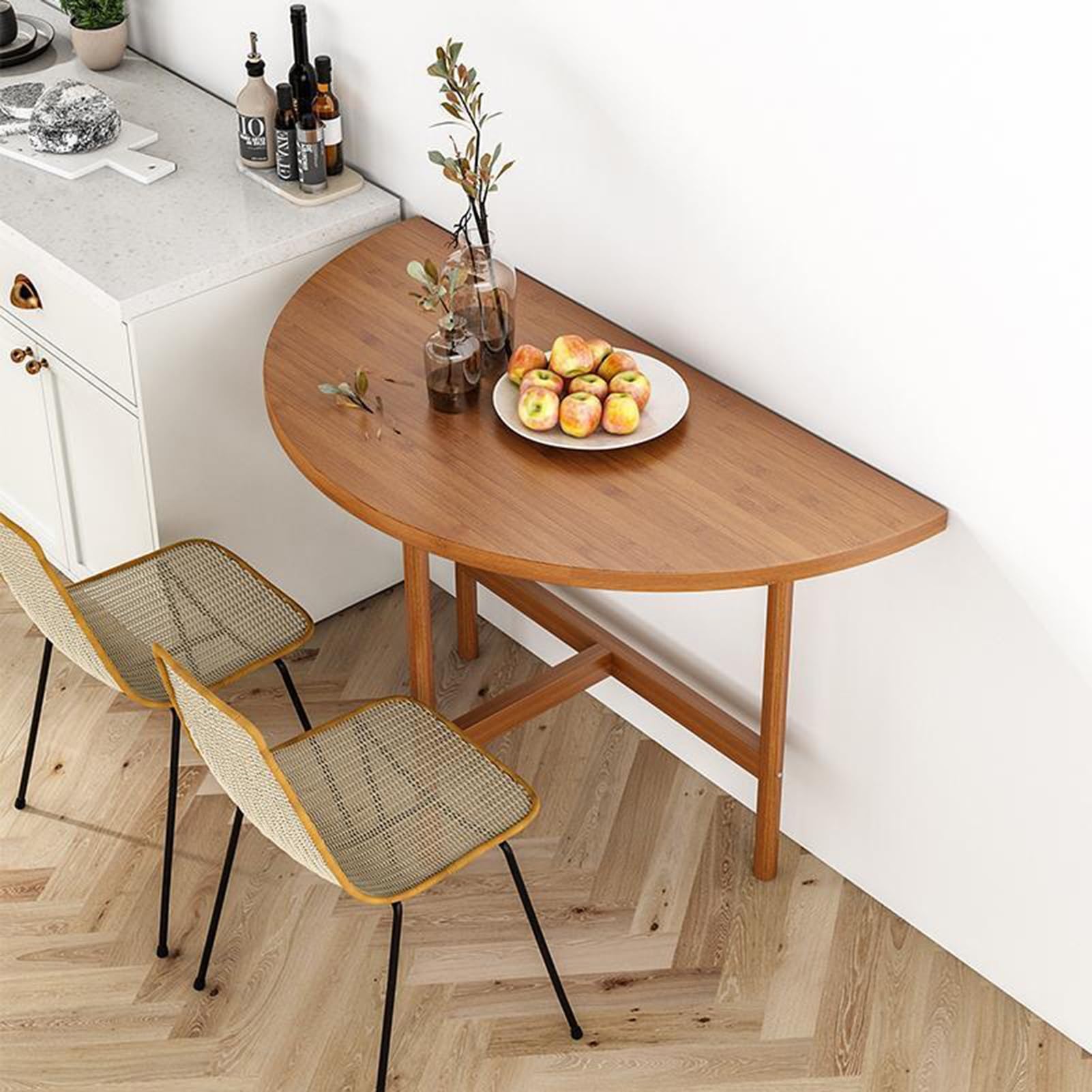 Halbrunder Esstisch mit Klappblatt, kleiner Küchentisch, Mehrzweck-Esstisch aus Bambusholz, Sofa-Beistelltisch, für Zuhause, Küche, Wohnung (Farbe: Stil 1, Größe: L100 x H76 cm)