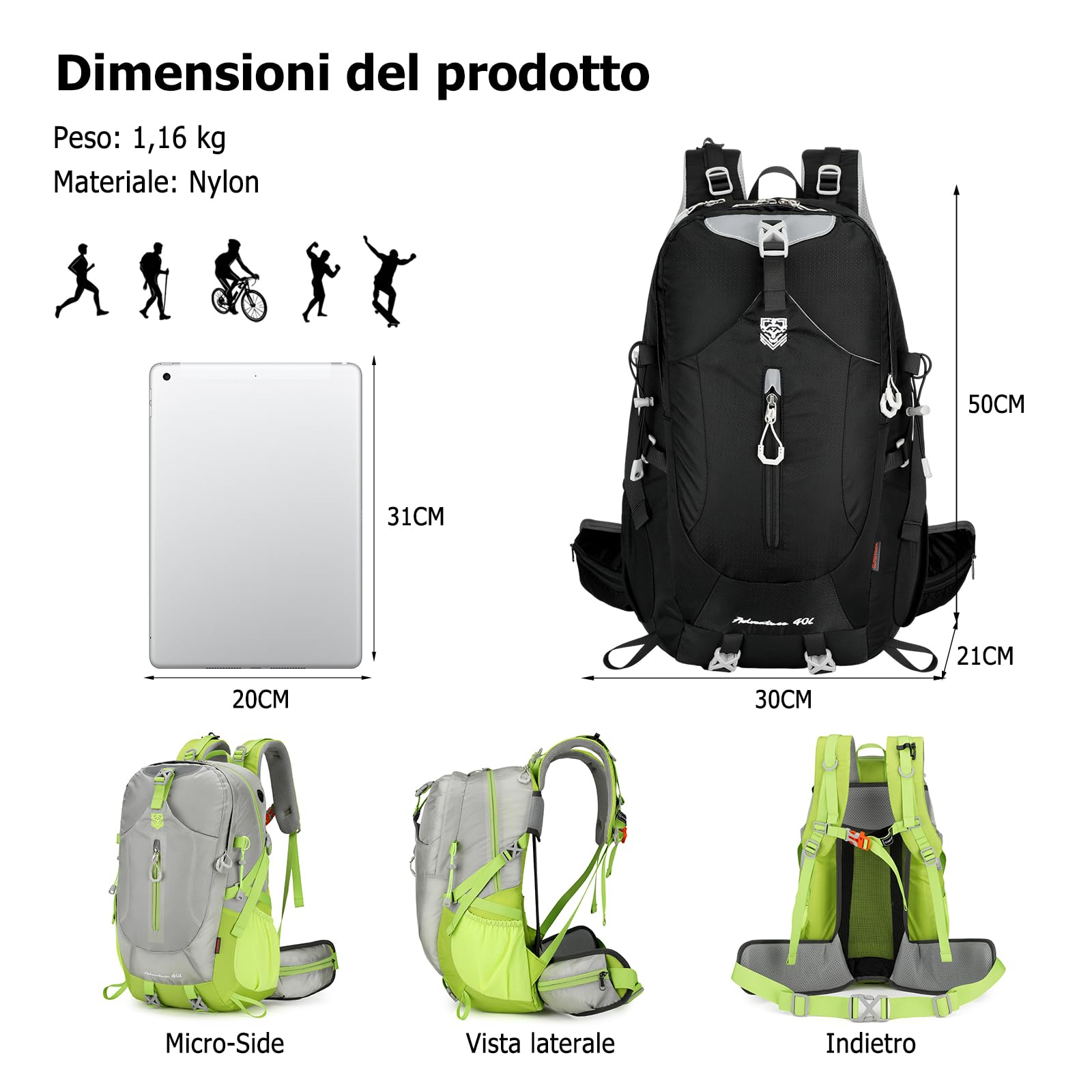 Zaino da Trekking 40L Zaino Impermeabile Grande Zaini Hiking Nylon Campeggio Backpack per Donna Uomo Viaggio Sport Nero