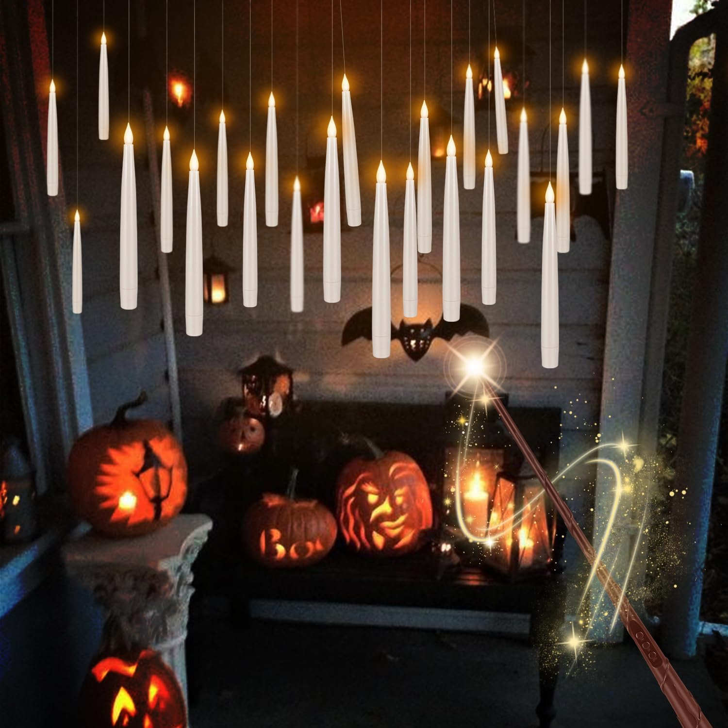 fclayvts 24 velas flotantes con control remoto de varita, vela cónica mágica colgante con cuerda, vela cónica parpadeante que funciona con pilas con control remoto de varita para decoraciones de