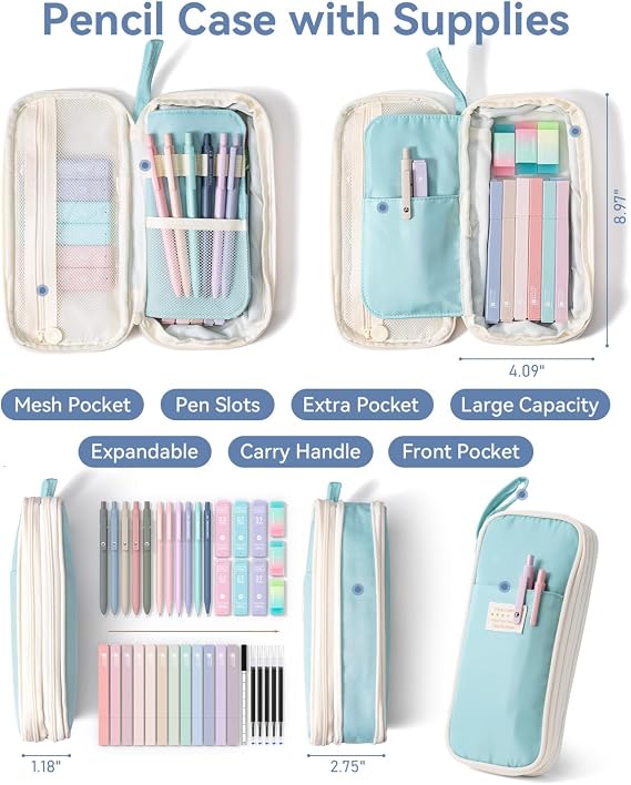 Four Candies Pencil Case, Filled with Stationery, 39ct, Blue, Aesthetic | Back to School Stationery Set, Essentials for College & Nursing Students, 5 Gel Pens, 6 Mechanical Pencils, 12 Highlighters