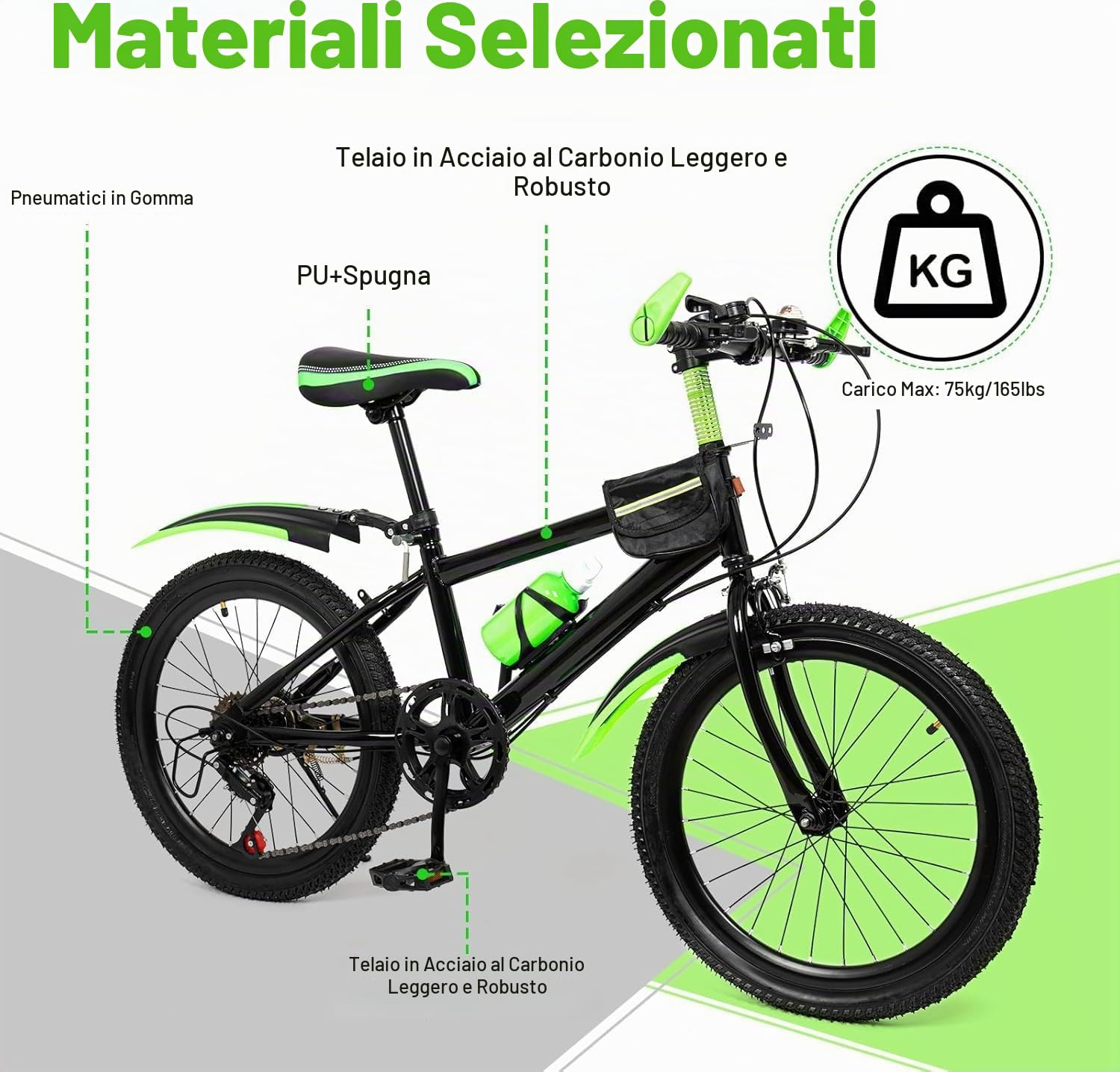 Mountain bike per bambini da 20 pollici, in acciaio al carbonio, con cambio, portabicchieri e freni di sicurezza, robusta bicicletta per ragazzi con portata di 85 kg, per ragazze e ragazzi