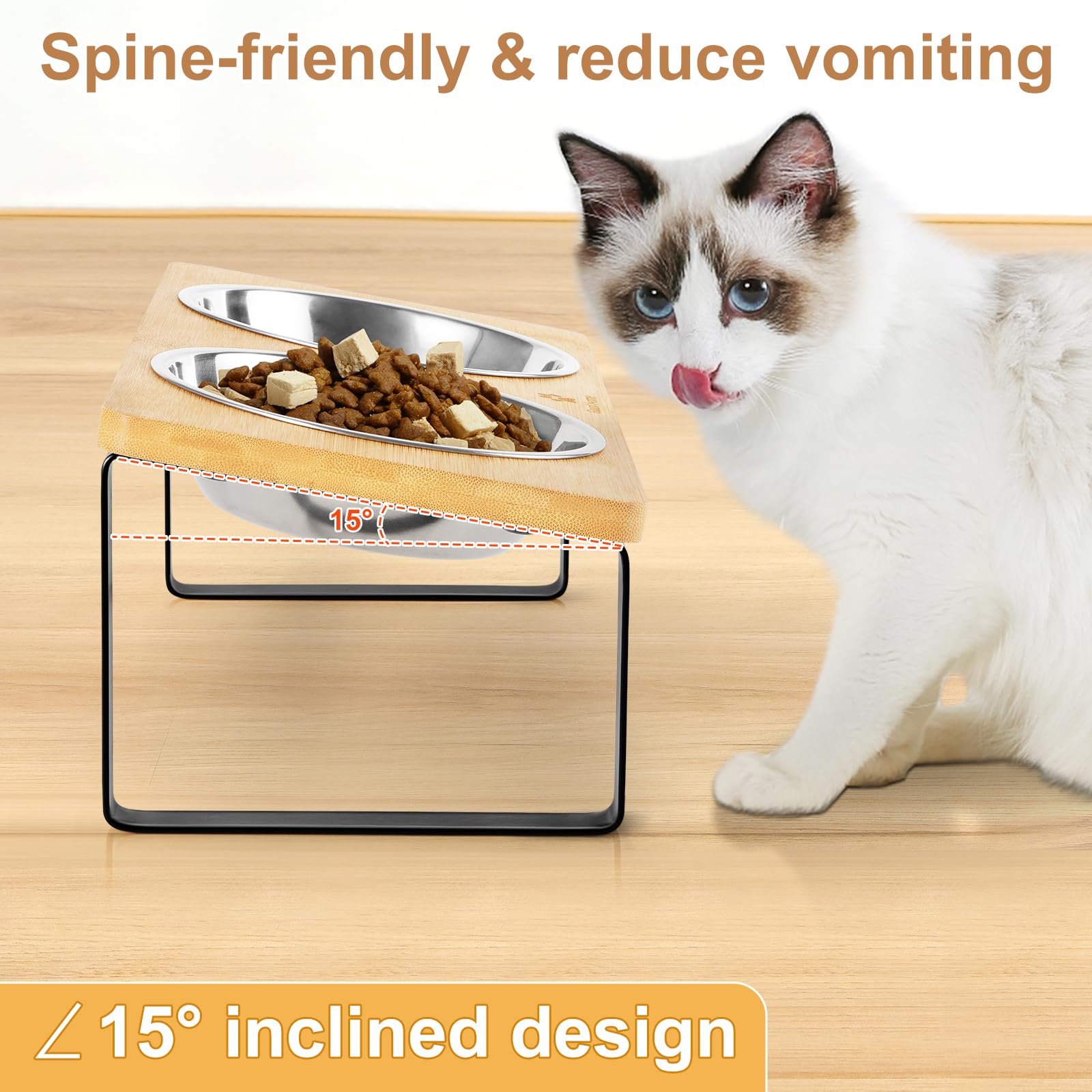 Sunhoo Erhöhter Katzenfutternapf Aus Keramik – 3-teiliges Set Mit Holzständer, Geneigt, Ergonomisch