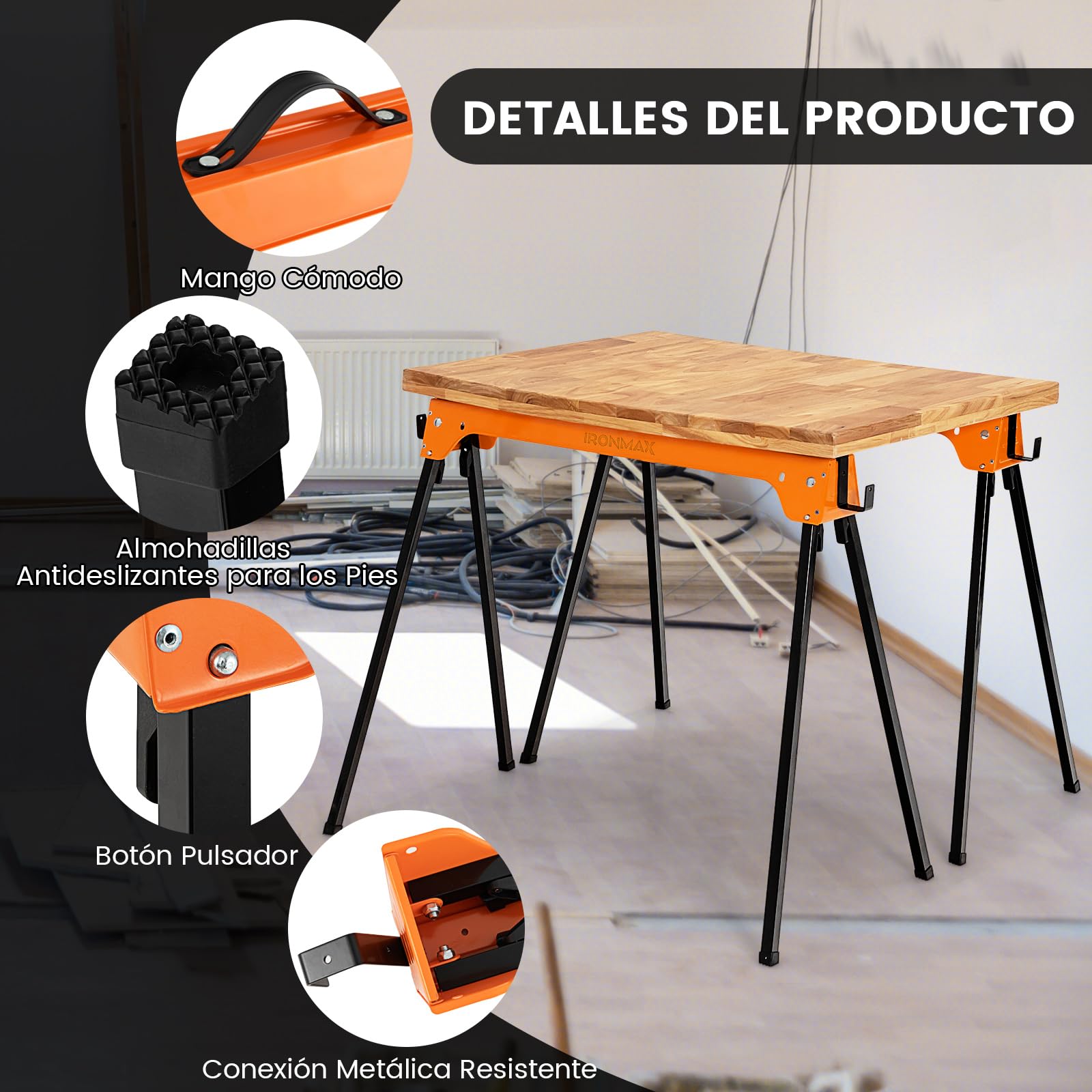 COSTWAY Juego de 2 Caballetes Plegables, Juego de Mesa de Trabajo Plegable de Hierro, 2 Caballetes para Mesa con Brazos de Soporte Desmontables, Amarillo 92 x 48 x 74 cm (Naranja)