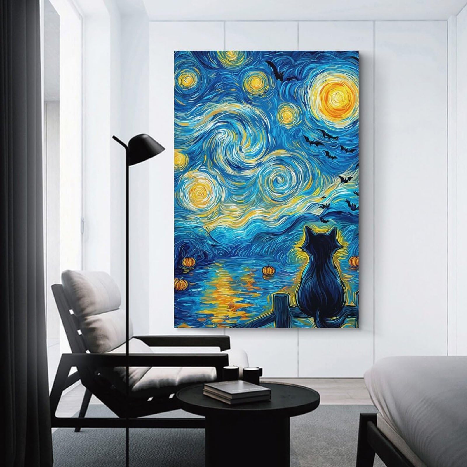 Junmoney Unframe-Style-16 Canvas Wall Picture Starry Halloween Night With Black Cat, 20X30inch(50X75cm), For Bedroom, Lounge Or Dressing Area, Stylish Decor For A Restful Room Update