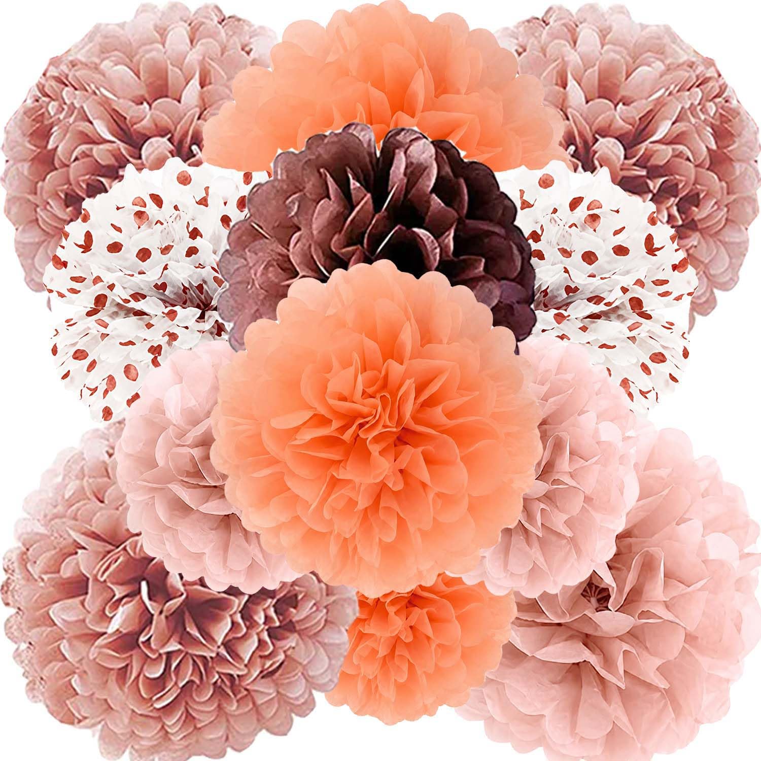 XIKSXITN 12 pc Rose Gold Gradient Tissue Paper Pom poms-Hanging Gold Dot White Paper Pom Poms Paper Flowers Ball for Party Decorative(8&10&12 inch)
