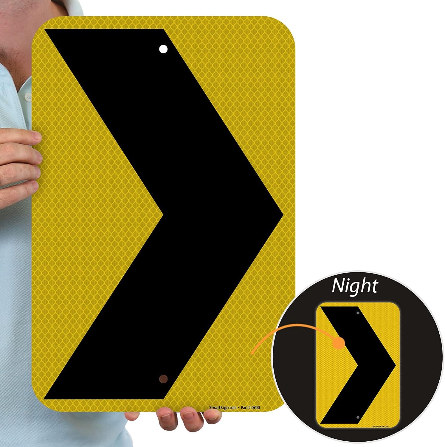 SmartSign 18 x 12 inch Chevron Right Arrow MUTCD-Compliant Metal Sign, 63 mil Aluminum, 3M Laminated High-Intensity Grade Reflective Material, Black and Yellow, Made in USA