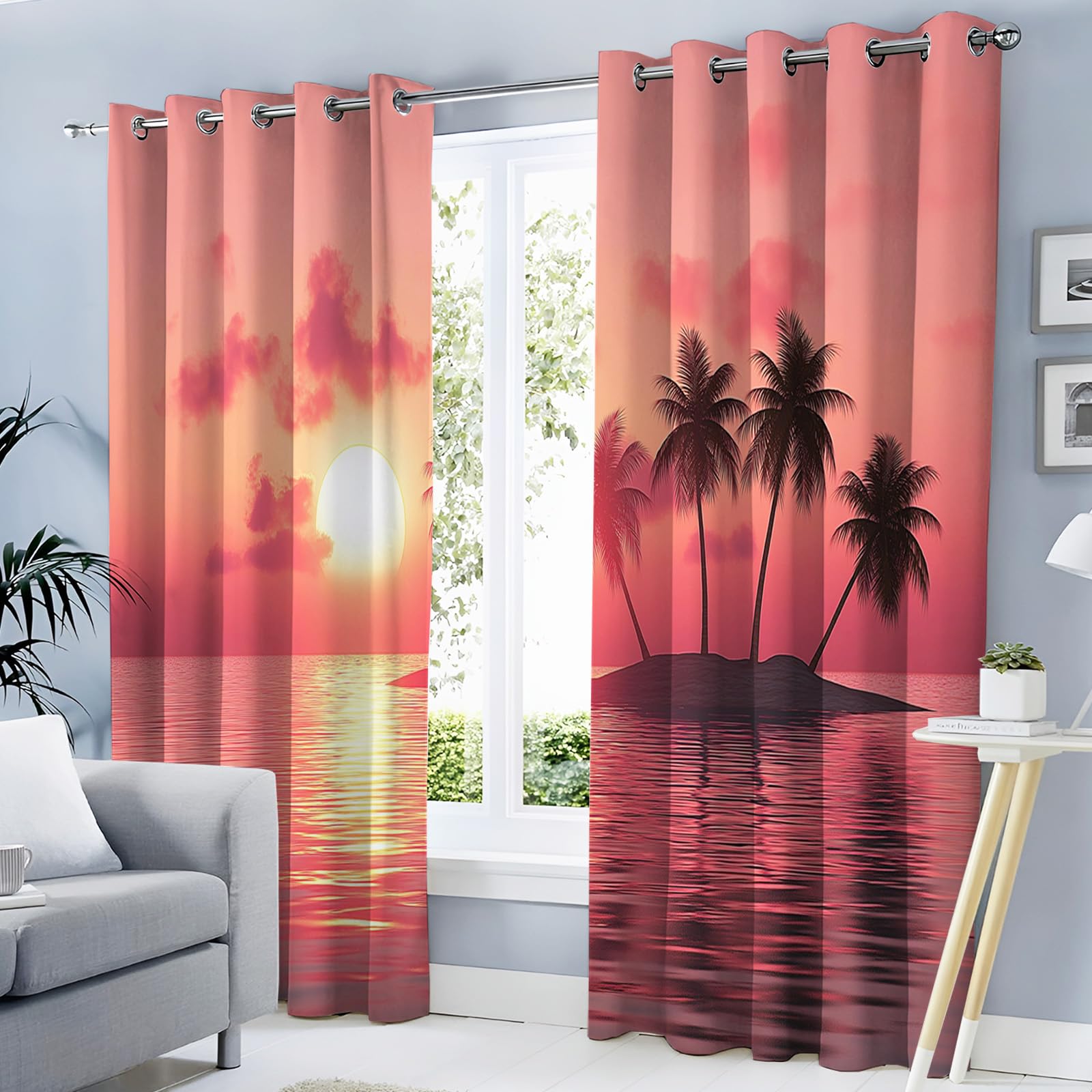 Rideau occultant rose enfant paysage palmiers ocean pour salon 117x137