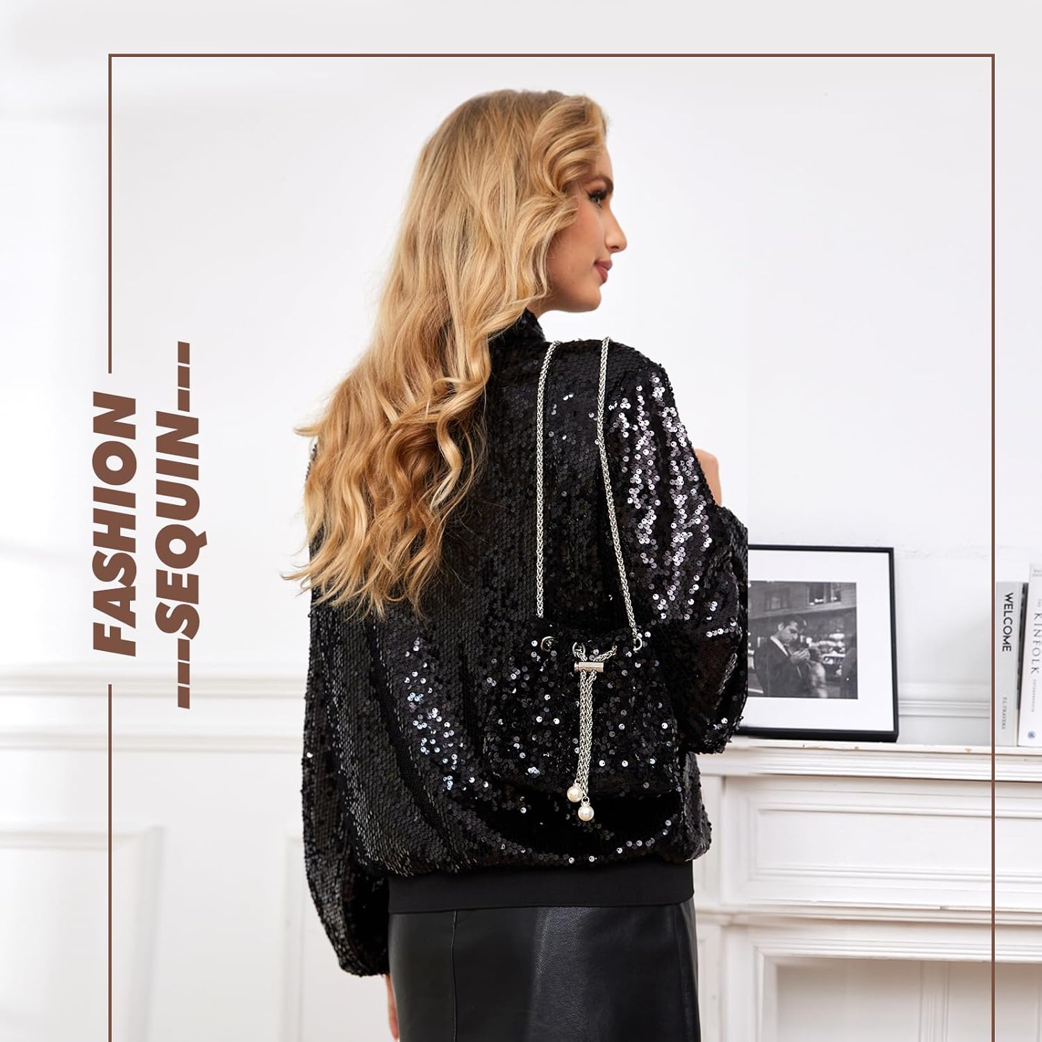 Women's Sequin Jacket with Handbags, Long Sleeve Sparkly Jacket Front Zipper with Ribbed Cuffs - Image 5