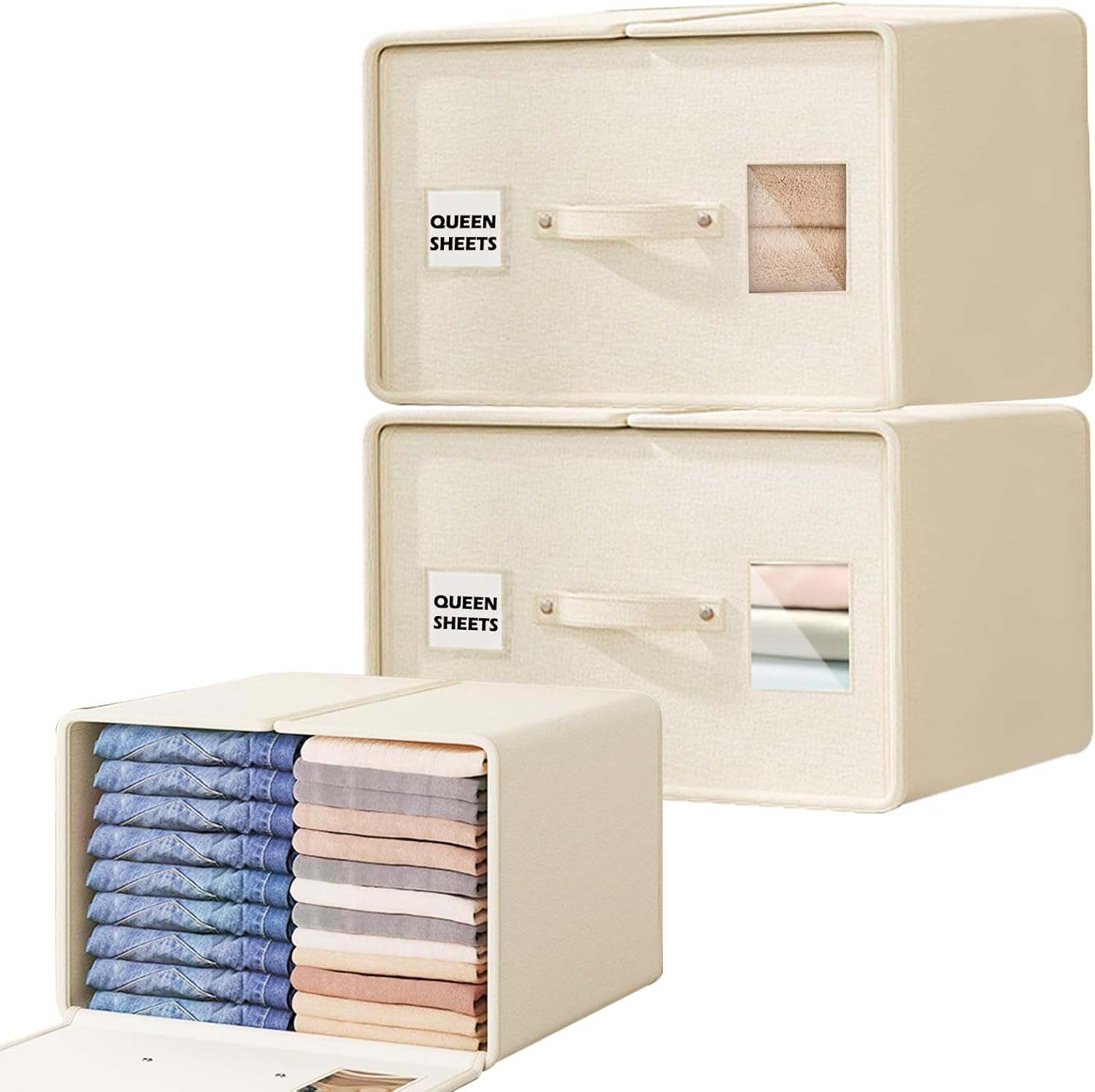 Bed Sheet Organizers and Storage, 2 King Pack Large bed sheet organizers With Leather Handle, Foldable Sheet Organizer for Linen Closet, Bedding Storage Box for Bedsheets,Duvet Covers and Pillow Medium 2pcs