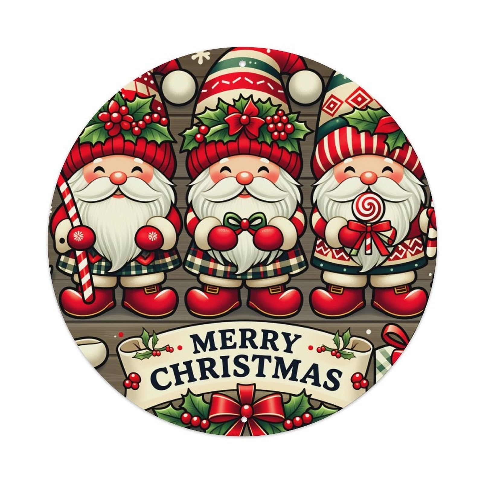 Christmas Gnomes Holiday Cheer Pattern Round Tin Sign Vintage Metal Poster Retro Bar, Home, Man Cave, Kitchen, Laundry Room Wall Art Decor Gift 8x8Inch