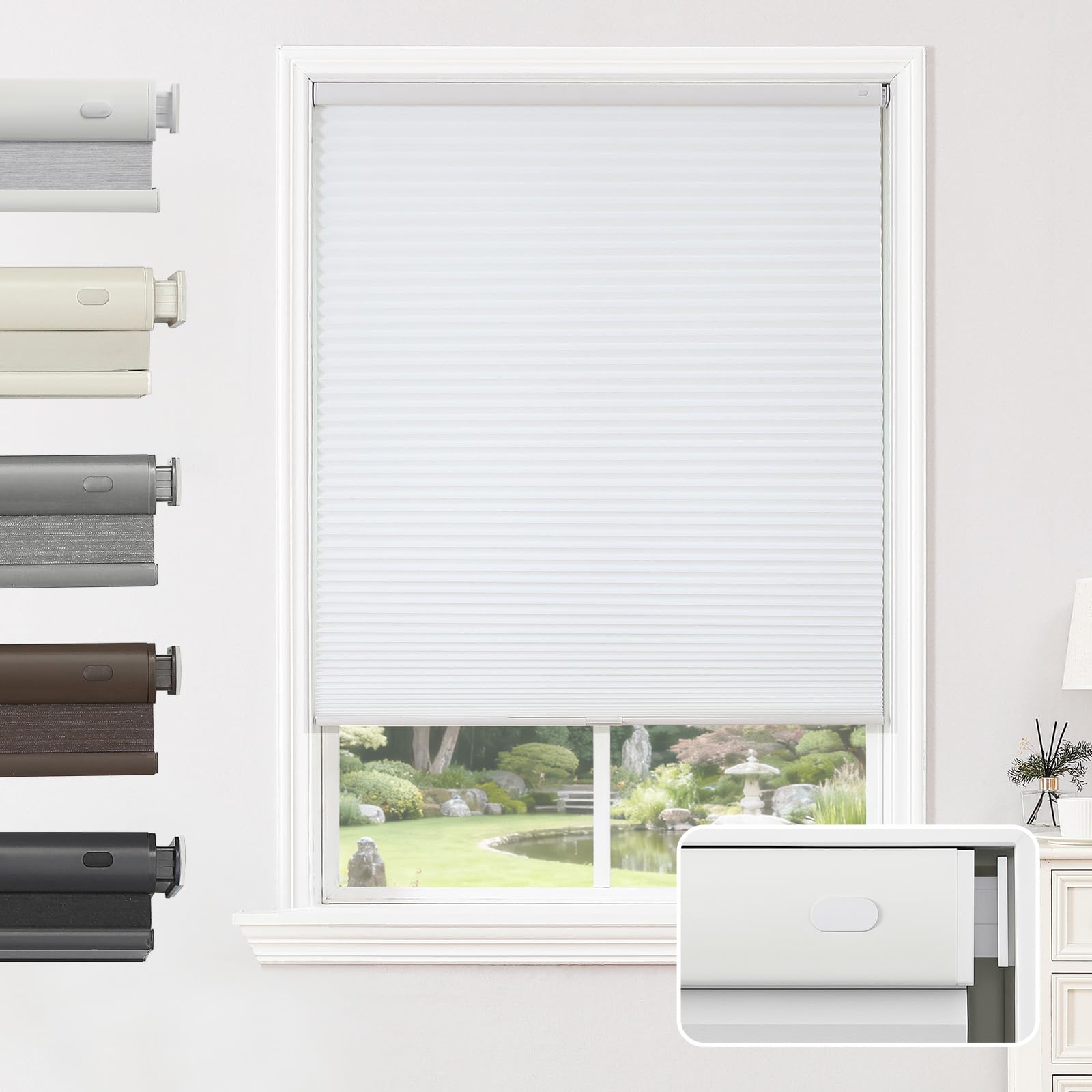 Joydeco No Tools No Drill Window Blinds for Indoor Windows, Blackout Shades Cellular Shades Cordless, No Drill Blinds for Windows, Window Shades for Home, Bedrooms, Doors (White, 33.5" W x 64" H)