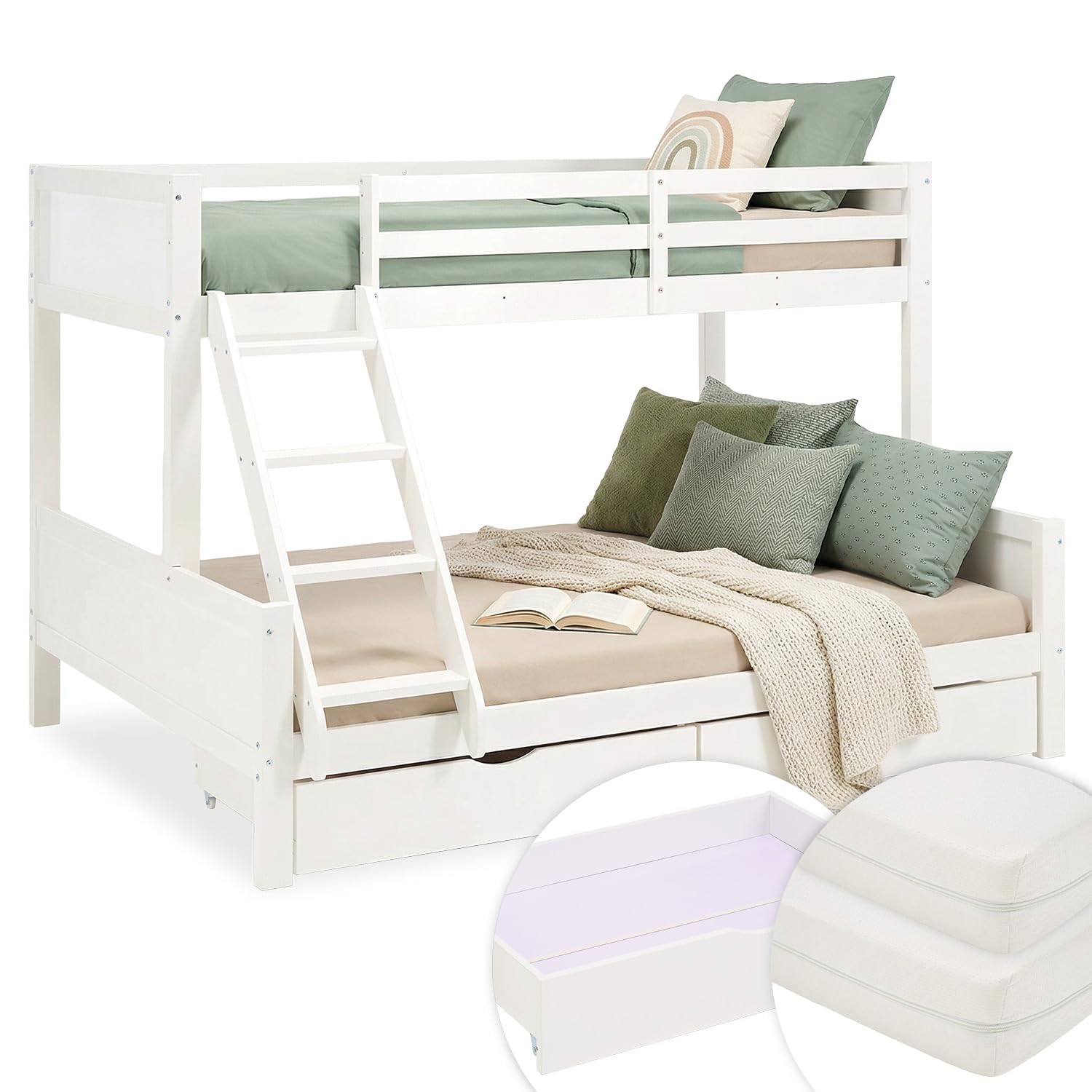 Homestyle4u Etagenbett 90x200, Hochbett mit Bettkasten, Etagenbett 140x200 mit 2 Matratzen und Lattenrosten, Stockbett Kinder Holz weiß, Doppelstockbett 90x200 und 140x200 mit Bettkasten und Matratzen