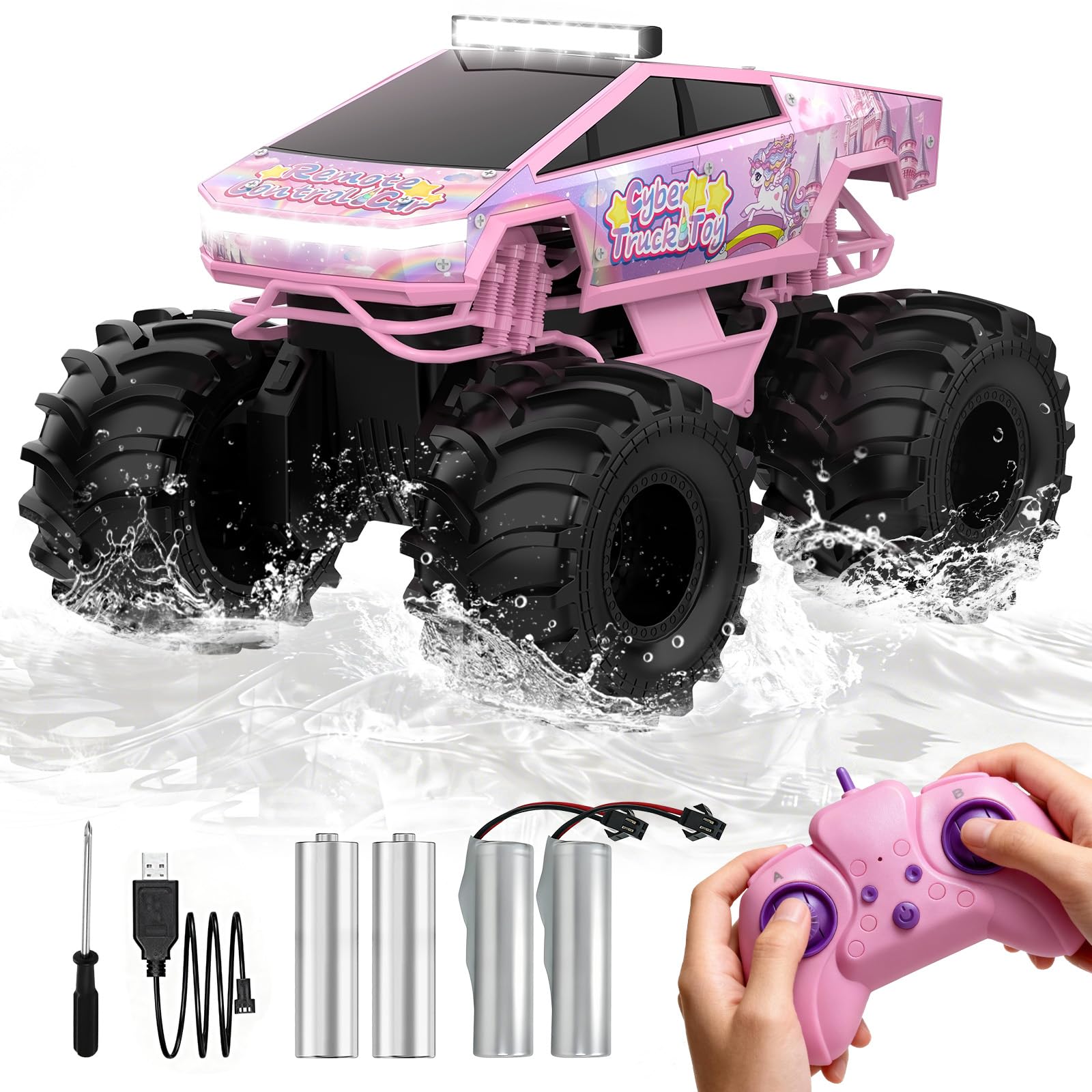 Unicorn Cyber Truck Remote Control Car, 1:18 Girl Remote Control Car, 2.4 GHz Waterproof Amphibious RC Cars, 4WD All Terrain Off-Road Pickup for Girls Christmas Birthday Gifts Ages 6+ (Pink)