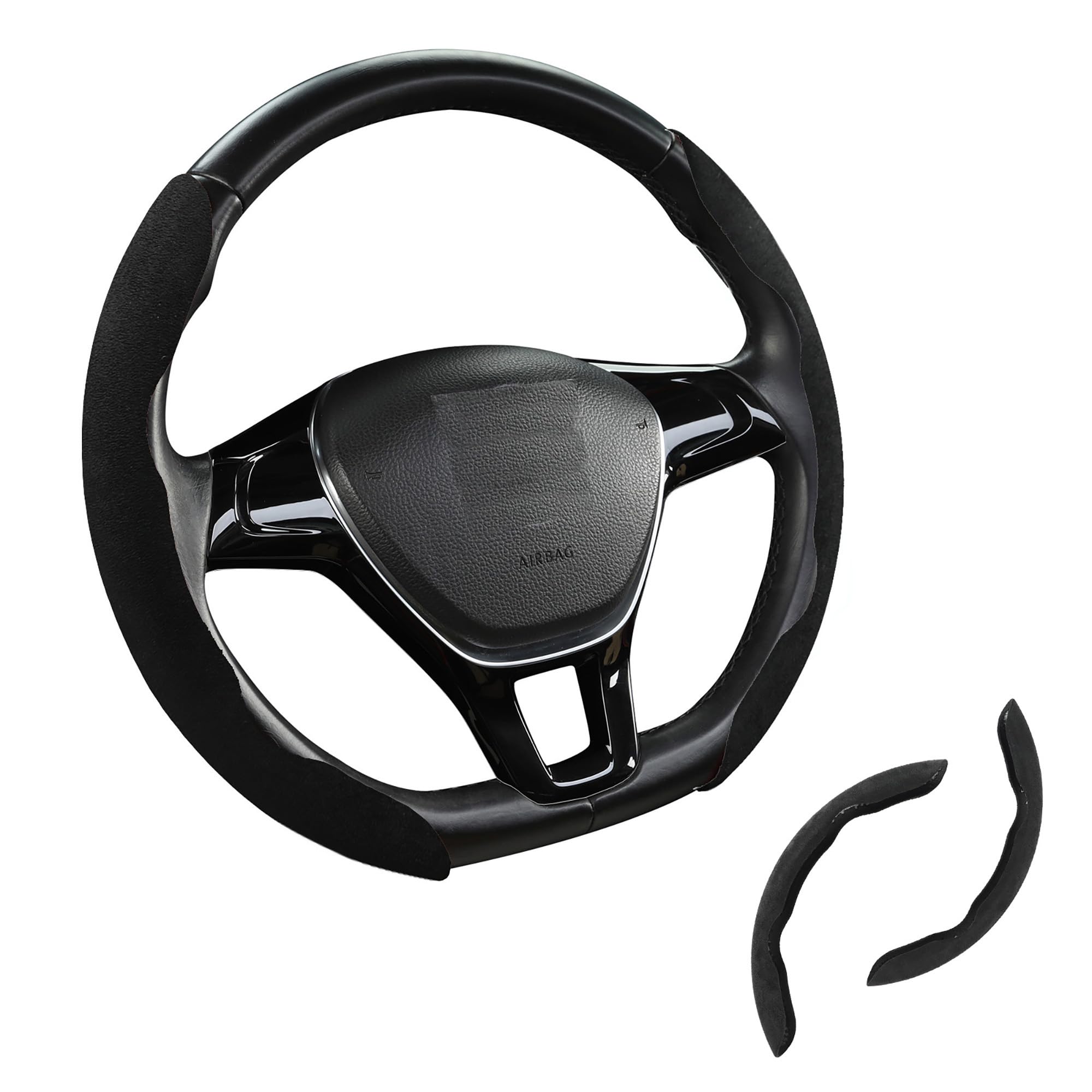 Premium Suede Car Steering Wheel Cover, Non-Slip Segmented, Suitable for Car, SUV, Truck, O/D Shape, 14.5-16inches Steering Wheel Protector,Universal Auto Accessories (Black, 2pcs)