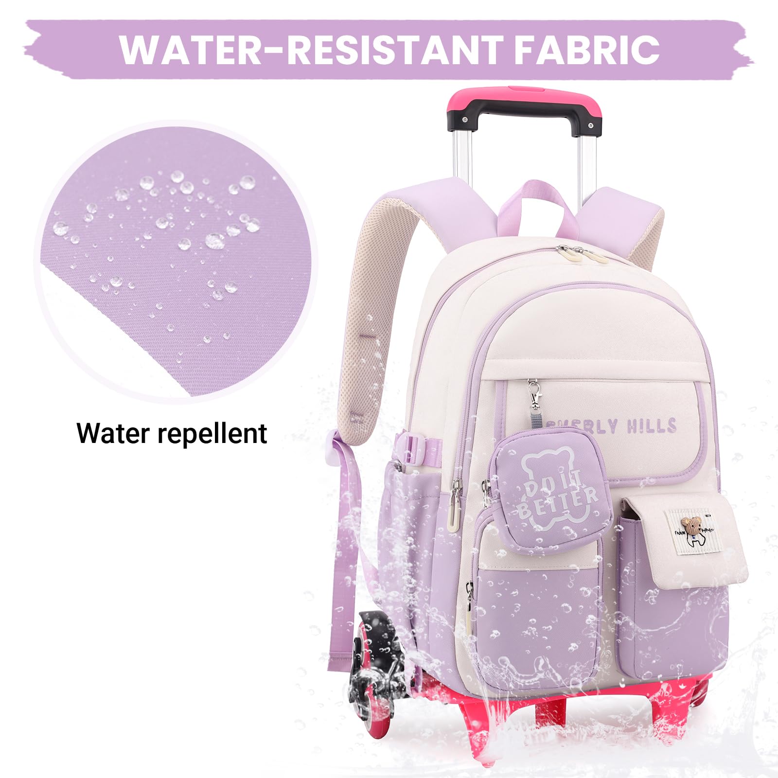 IvyH Zaino scolastico con trolley per ragazze, zaino con ruote per adolescenti, set 2 in 1 con zaino rimovibile e trolley con 6 ruote, per scuola elementare e media, Lilla, Mittelgroße, Classico