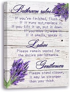 Ladies and gentlemen Bathroom Rules canvas Wall Decor, Lavender purple theme Bathroom Decor Wall Art,Farmhouse Toilet Wall Decor,Rustic Bathroom Funny Rules Prints Signs Framed 12"x15"