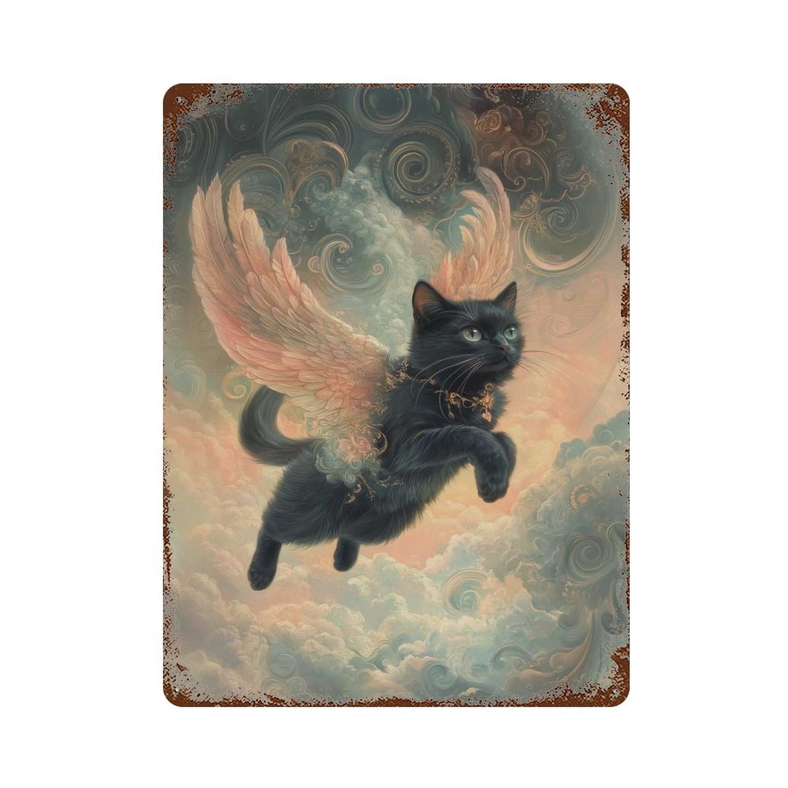 Garage Style Black Cat with Wings Fantasy Cat Tribute Vintage Rust Metal Sign 15.7"x11.8", Retro Wall Decor for Bar And Workshop