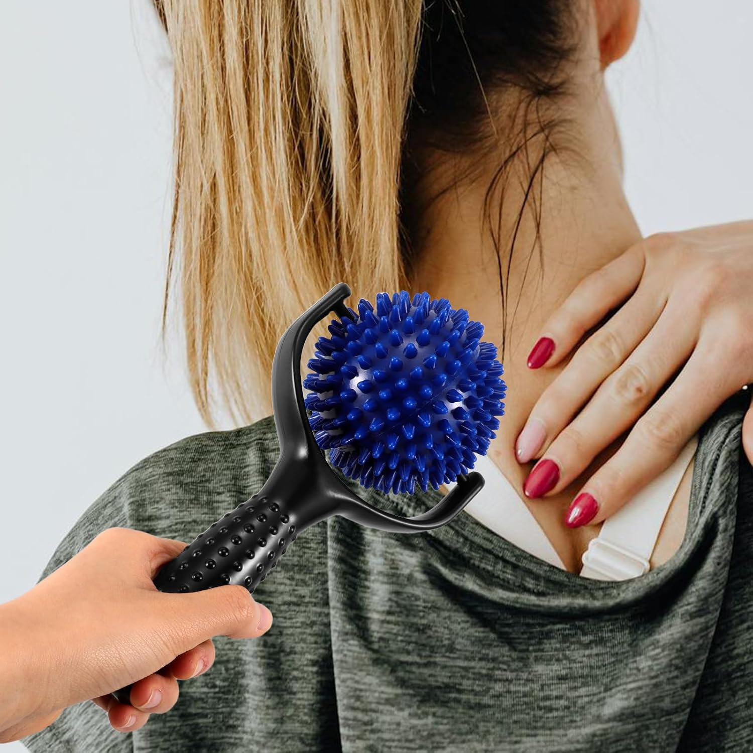 Large Spiky Ball Muscle Massager Stick for Yoga and Pilates – Handheld Calf Roller for Runners with Trigger Point Therapy – Black and Blue Self-Massage Tool for Muscle Relief