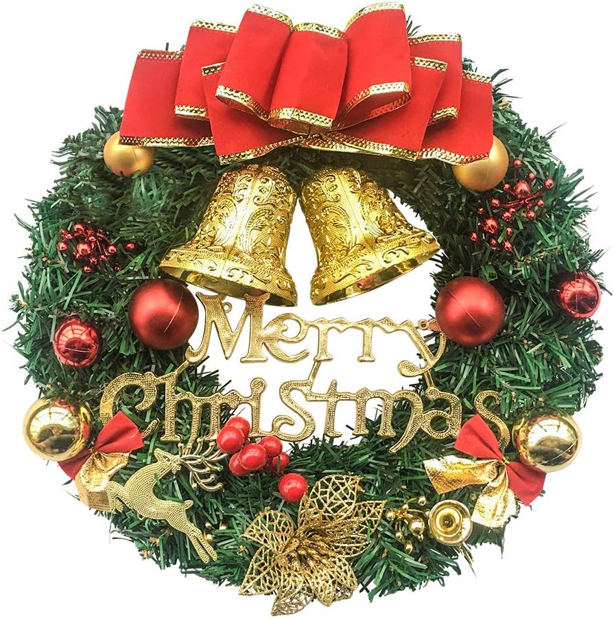Christmas Wreath Reef for Front Door Window 13 Inch Pine Artificial Garland with Bowknot, Bells, Deer, Red Berries, Flower Gifts for Christmas Party Decor, Front Door Window Wall Wreath(Red)