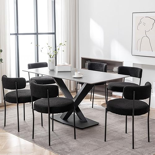 Miniatura 7 de Black Boucle - Juego de 4 sillas de comedor tapizadas con patas de metal negro, silla de comedor redonda moderna para comedor