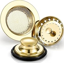 Mudder 3 Pcs Kitchen Sink Drain Strainer and Stopper Stainless Steel Garbage Disposal Plug with Handle Universal Anti-Clogging Kitchen Sink Filter Sieve Basket Strainer(Light Gold)