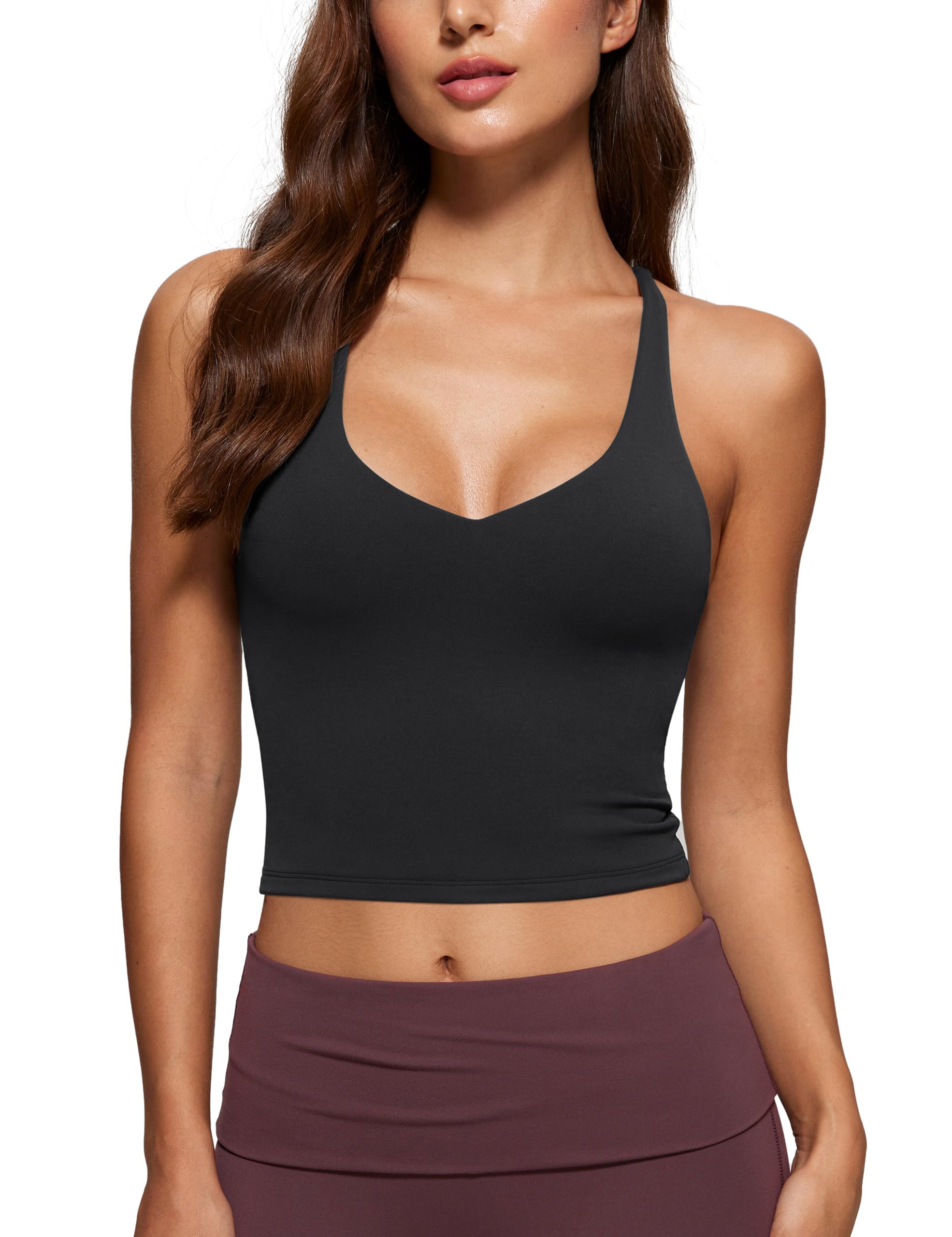INGIA Camiseta sin mangas con cuello en V para mujer, doble forro, sin relleno, tirantes cruzados, espalda con tirantes, informal, ombliguera
