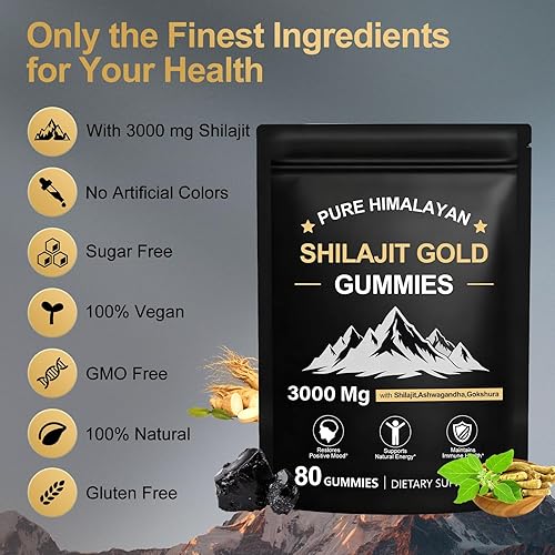Vista 4 de Shilajit - Gomitas para hombres y mujeres, ricas en ashwagandha y gokshura, ácido fúlvico y más de 85 minerales traza suplemento de micronutrientes