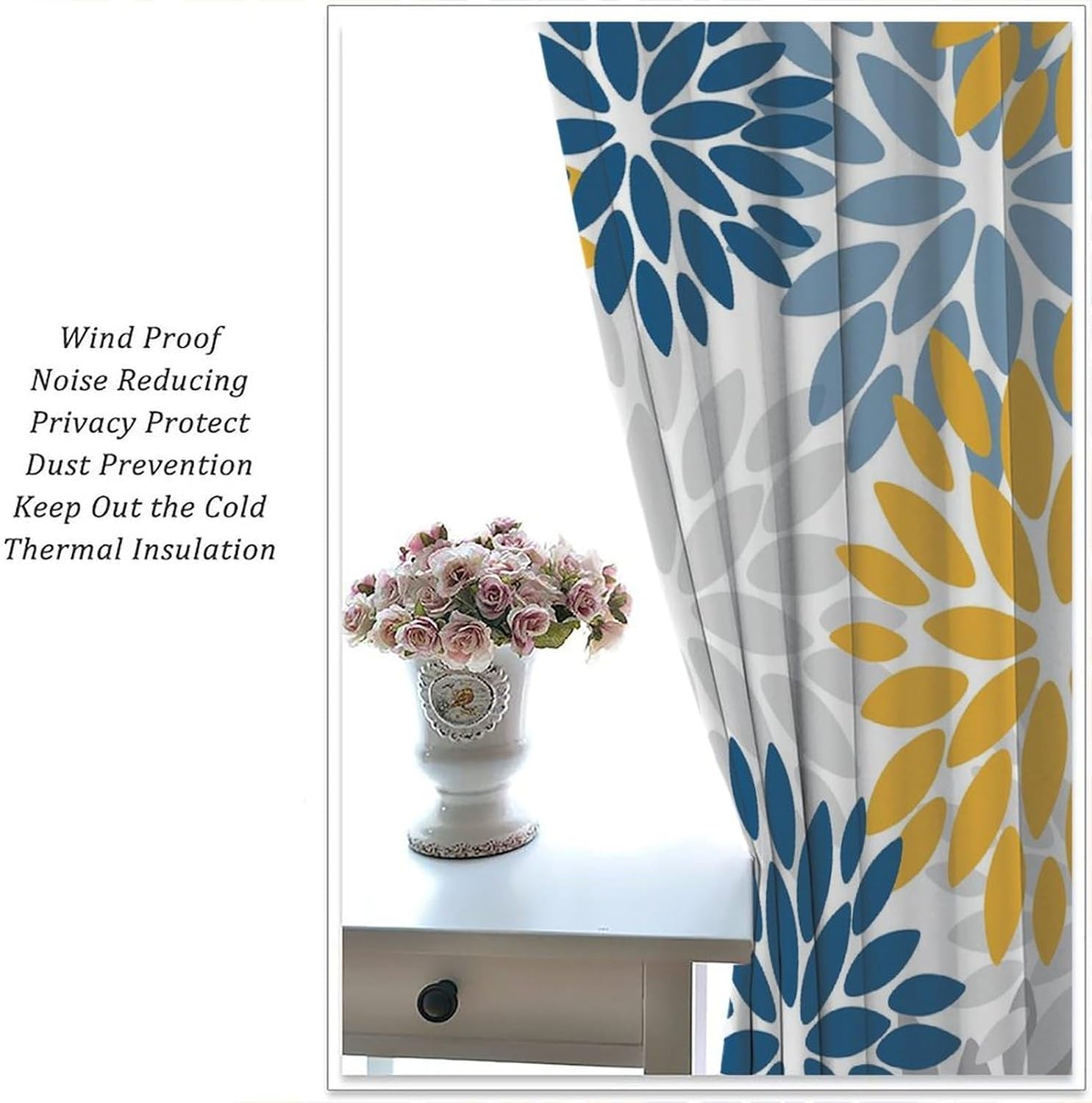 Spring Floral Curtains, Blue Yellow Dahlia Modern Chrisanthemum Flowers Bright Window Treatments for Kitchen Living Room Bedroom Floral Seamless Pattern Blackout Drapes 2 Panel Sets,84x84 Inch