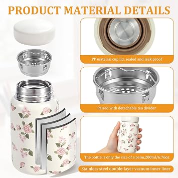 Small Water Bottle with Rose Print,200ml Mini Water Bottle,Double-Wall Vacuum Insulated Small Flask for Hot & Cold Drinks,Portable Leakproof Travel WaterBottles for Handbag,Yoga,Sport,Work(White)