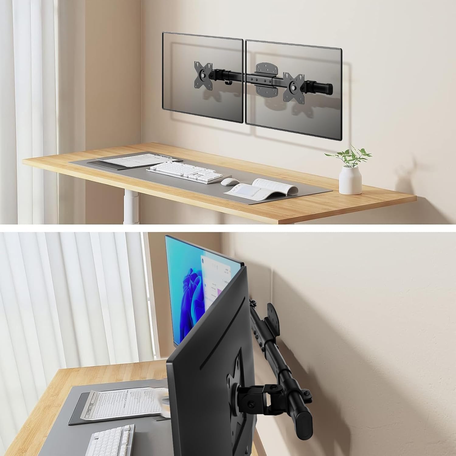 WALI Dual Monitor Wall Mount, Single to Double Bracket Adapter, Horizontal Assembly Arm for 2 Screen up to 27 inch (012ARM), Black