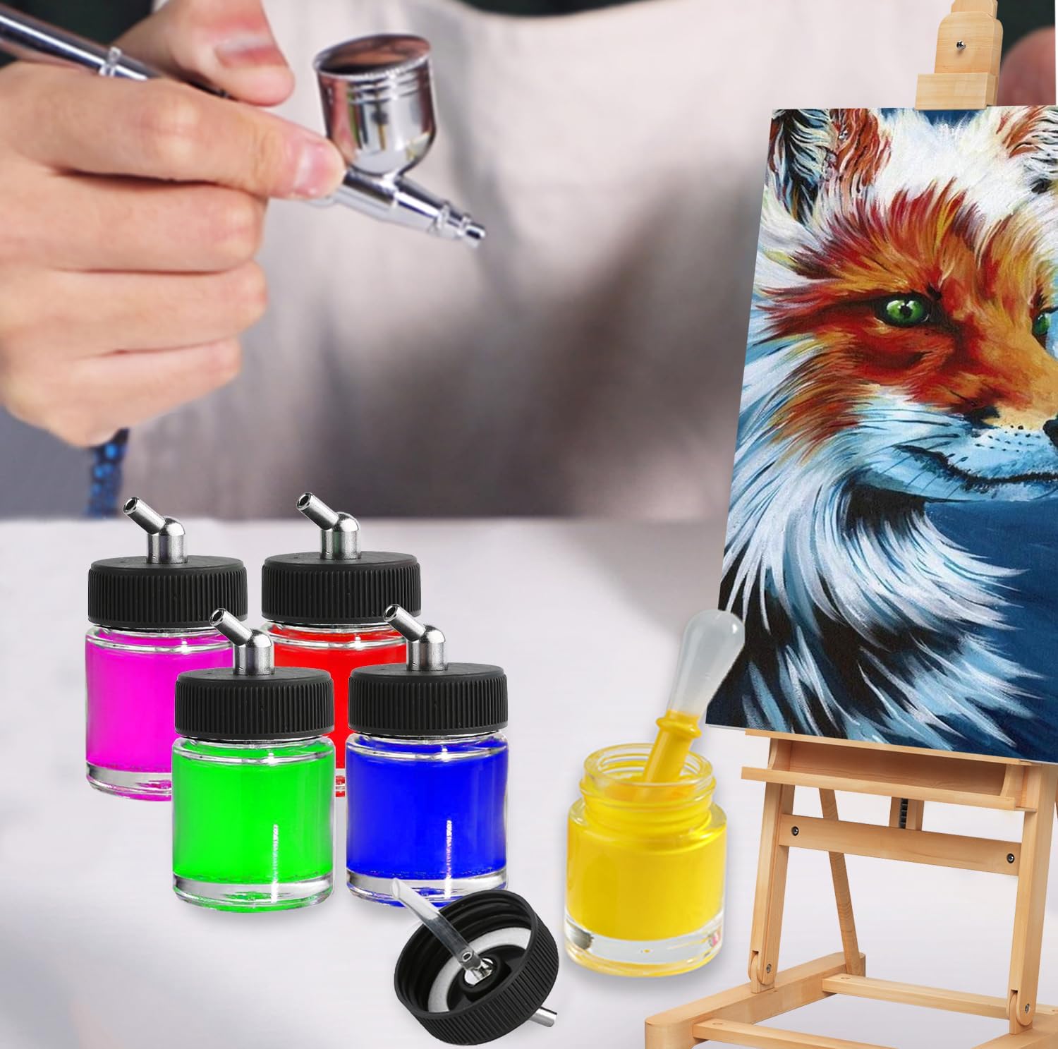 Langlengtec 10pcs 18cc Glass Airbrush Bottles Kit with Adapter Caps & 60° Lid for Siphon Feed Airbrushes
