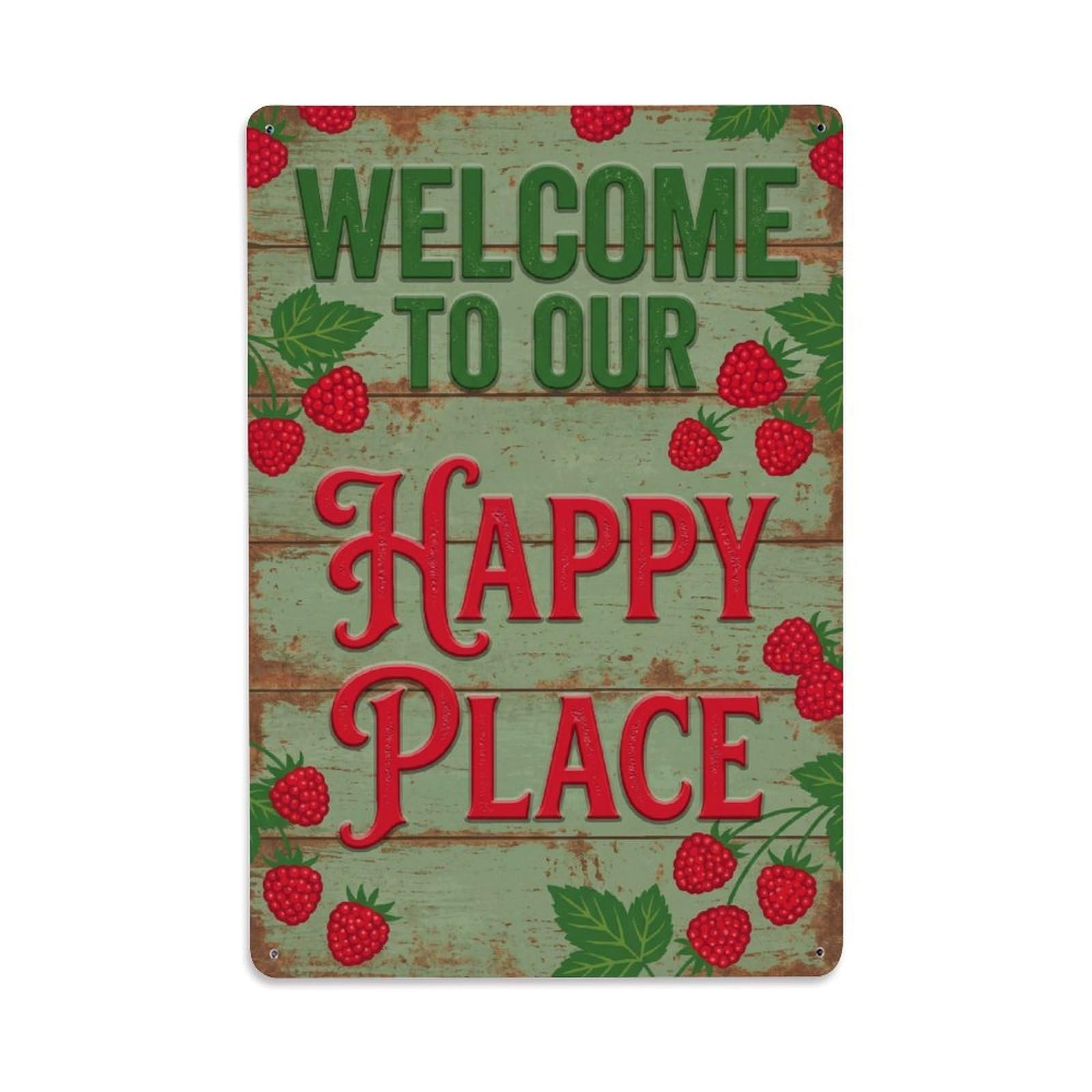 Okngb Style Vintage Gate Welcome Happy Place Cottage Garden Leaf Metal Tin Sign Plaque Wall Decor For Cafe, Man Cave, Club Bar, Office, Home Garden Round Metal Poster 8X12inch