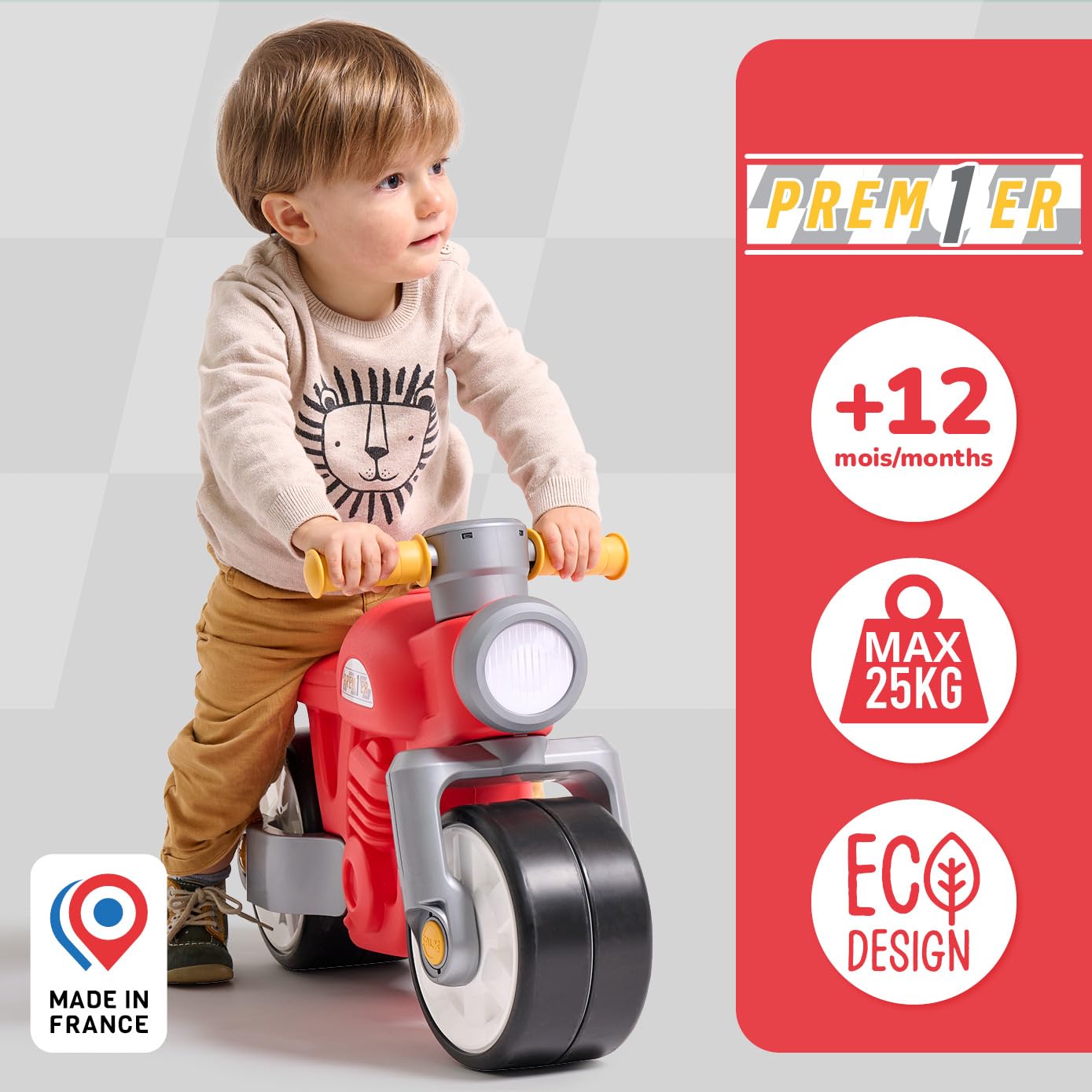 Falk Draisienne Moto Prem1er Rouge Roues Extra Larges Silencieuses Guidon Directionnel Look Vintage 75% Plastique Recyclé Fabriqué France 12 Mois