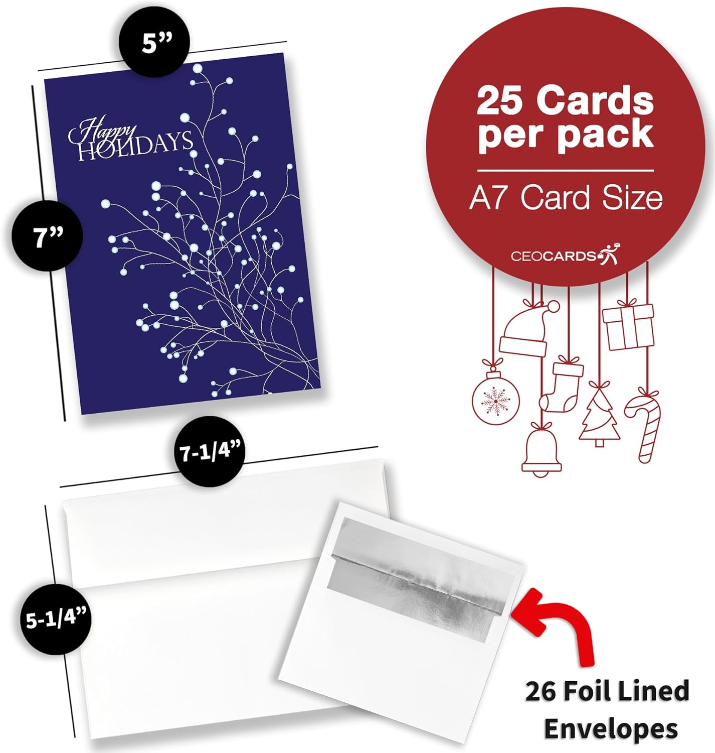 Happy Holidays Cards for Business & Family (Snowy Branches) Bulk Greeting Card Set Pack of 25 Christmas Cards with Envelopes (5x7 inch - A7) Great for Office, Work, Employees & Clients H1101