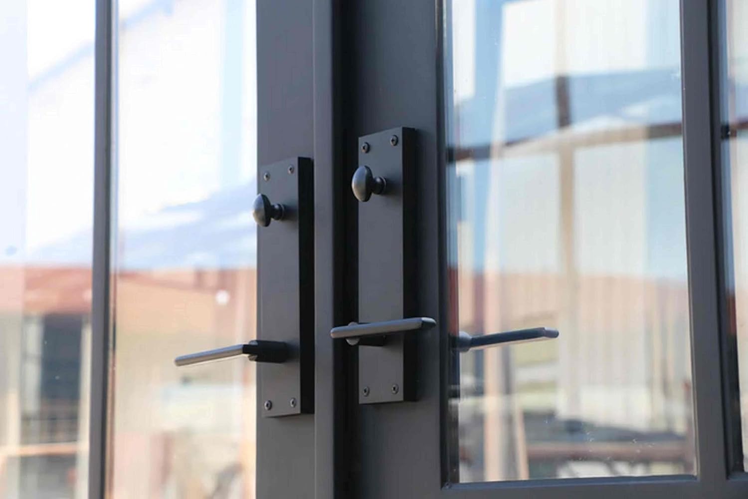 HR Left Hand Inswing Entryway 72x81 Matte Black French Iron Double Door Made of Steel | 3-Lite with kickplate | Complete with Handle and Lock | Modern Front View Design.