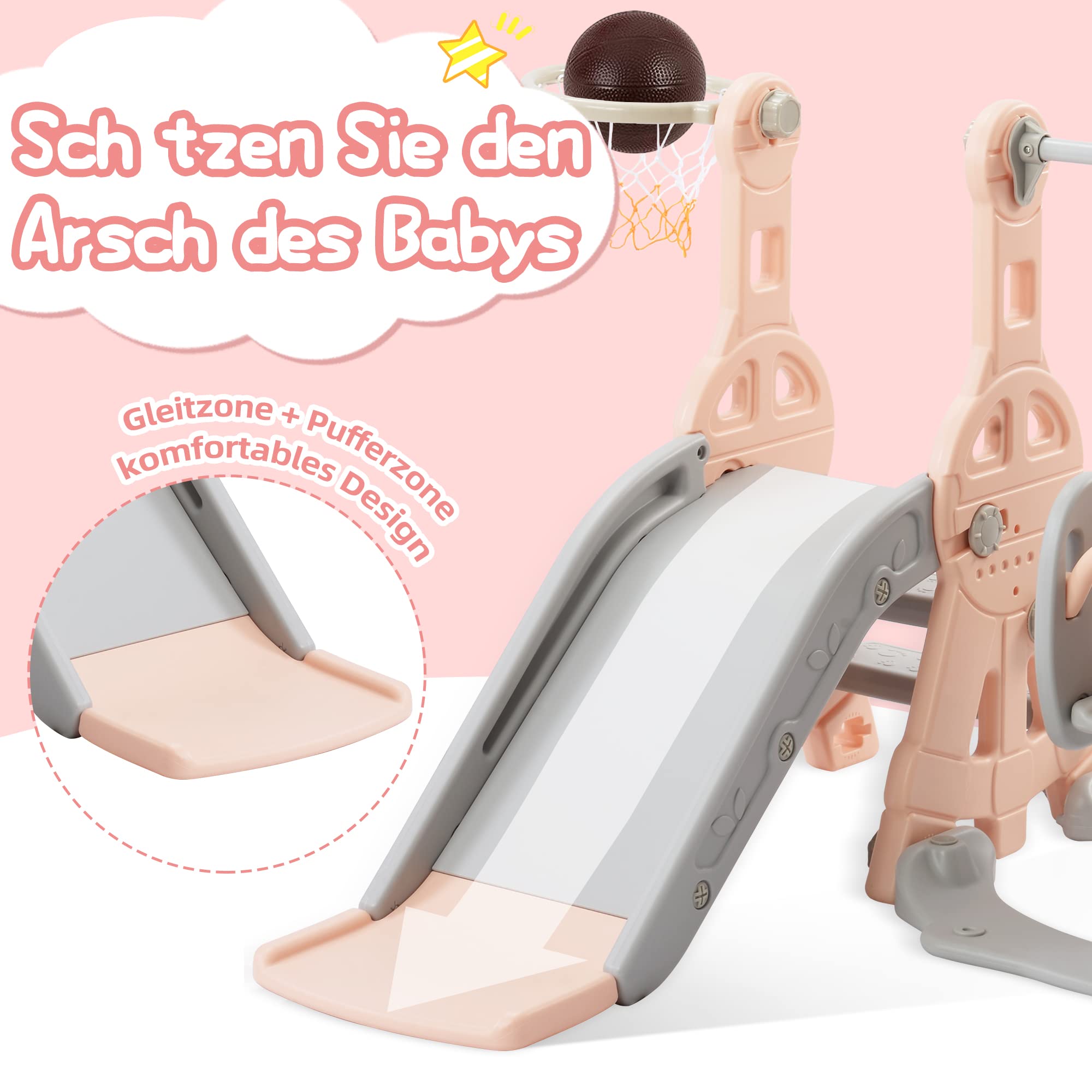 4-in-1 Kinderrutsche Mit Basketballkorb & Schaukel - Outdoor Spielgerät - Rosa Gartenrutsche