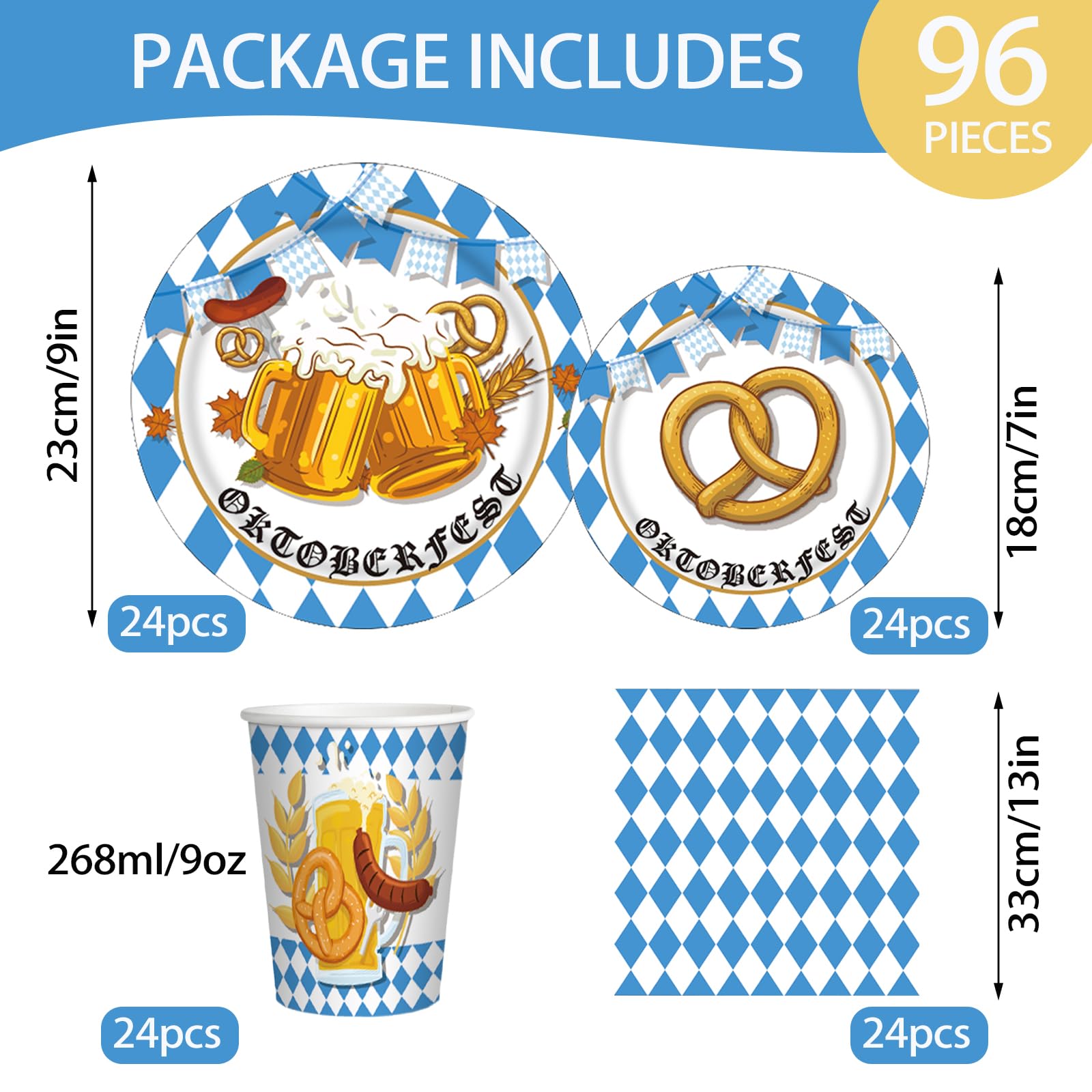 Oktoberfest Tischdeko Set 80-teilig - Bayerische Partygeschirr Blau-weiß
