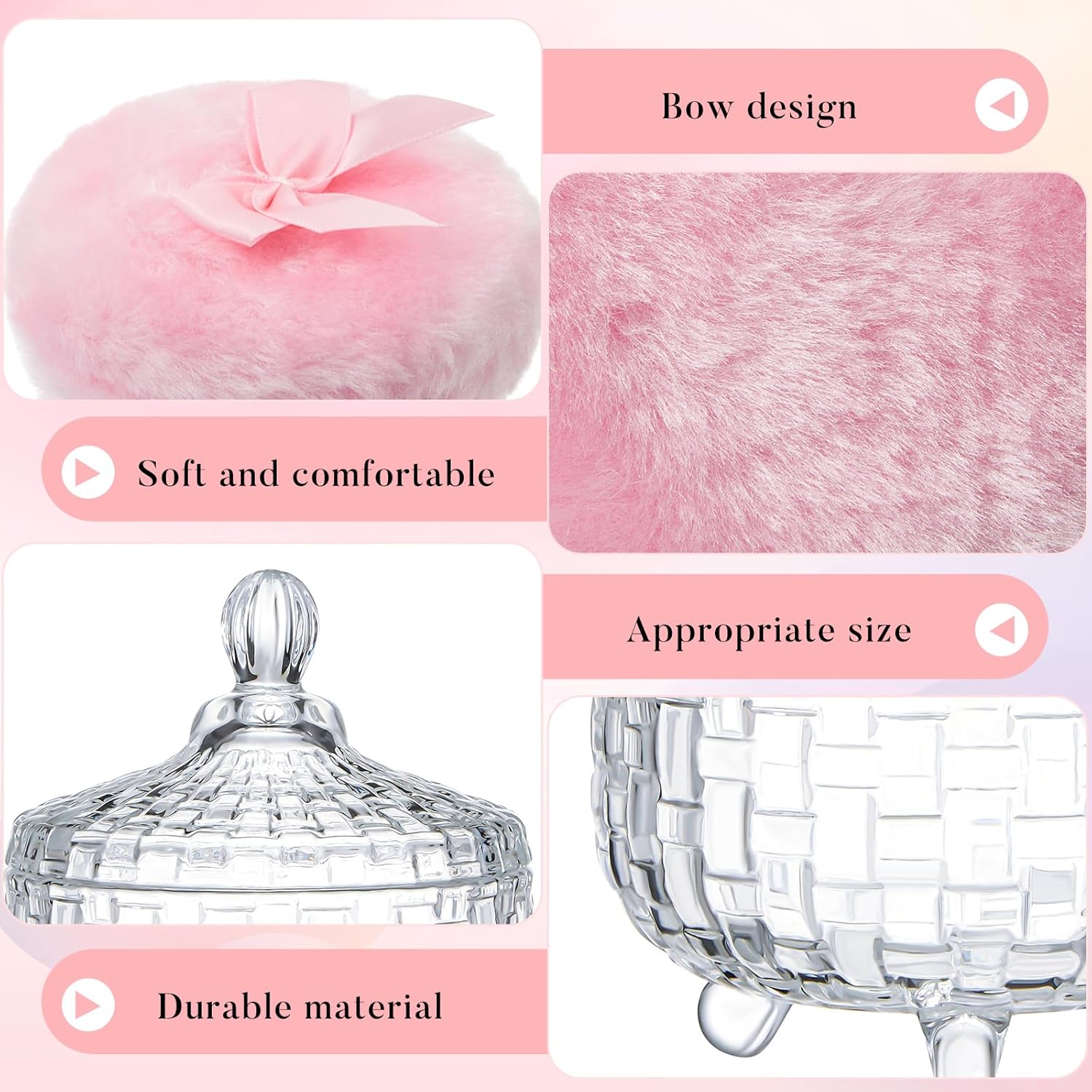 Tioncy 3 Pcs Large Body Powder Puff and Container Valentine's Day gift Powder Container with Puff Crystal Case Soft Washable Reusable Velour Face Body Glitter Wet Dry Makeup(Weave Design,Clear) - Image 4
