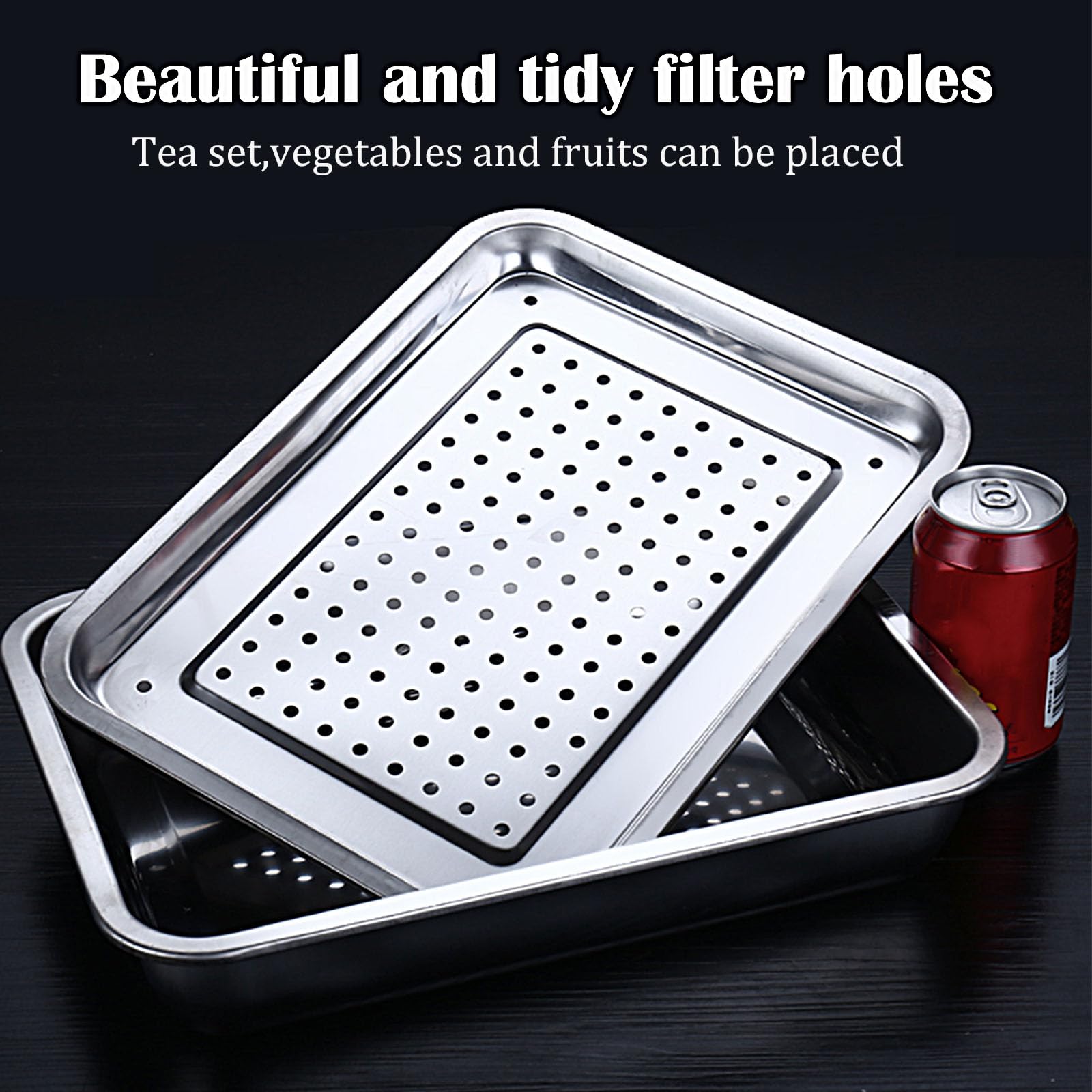 Vassoio da tè Cavo in Acciaio Inox - 45x35 cm, Organizer in Metallo con Sistema di drenaggio per Frutta, tè e Altro - Design Resistente ed Elegante per la casa e la Cucina